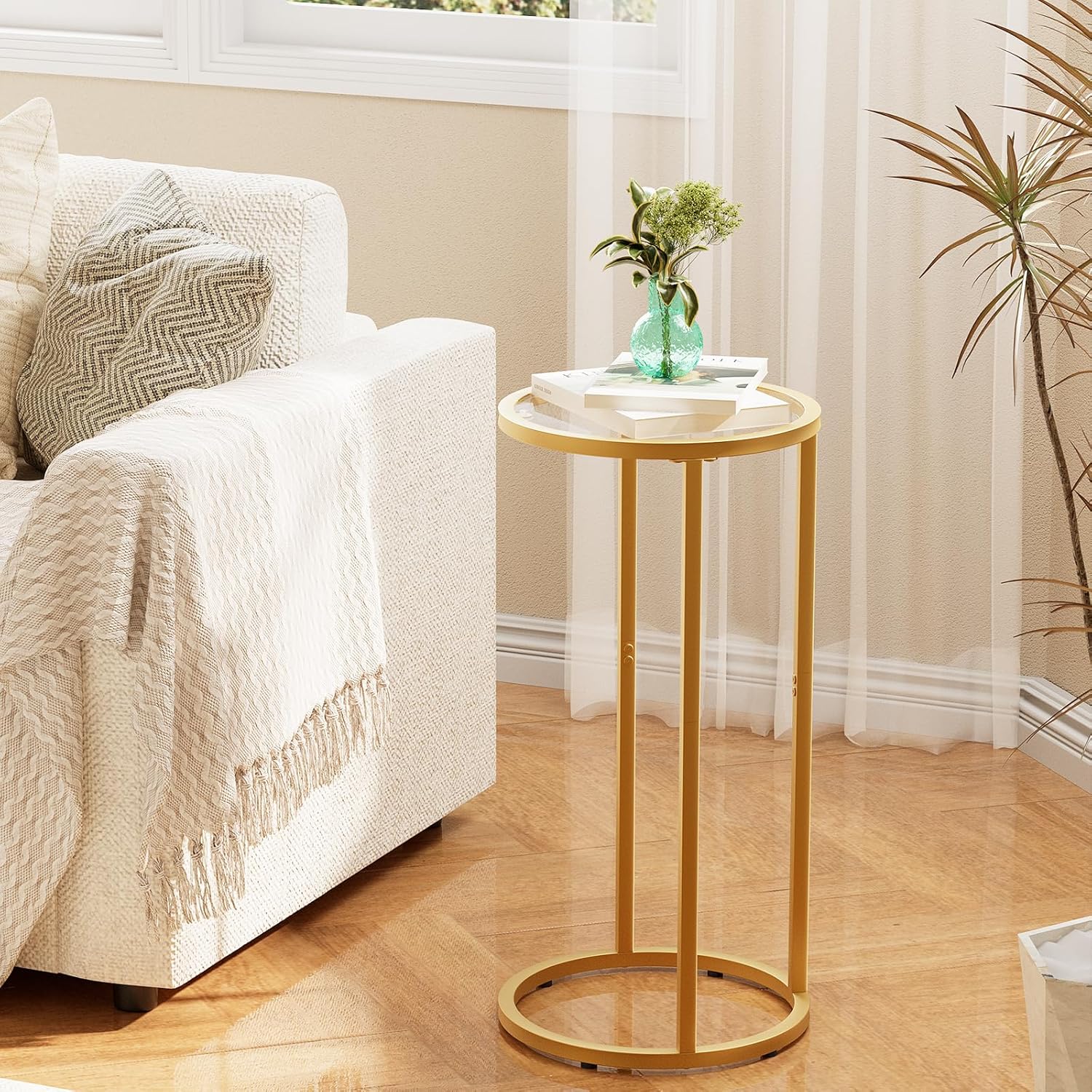 Easy Paws C Table Side End Table,Glass Couch Side Tables for Living Room, Round Sofa End Table with Metal Frame, Small Snack Table for Bedroom, Small Spaces, Easy Assembly (Gold,2pcs)