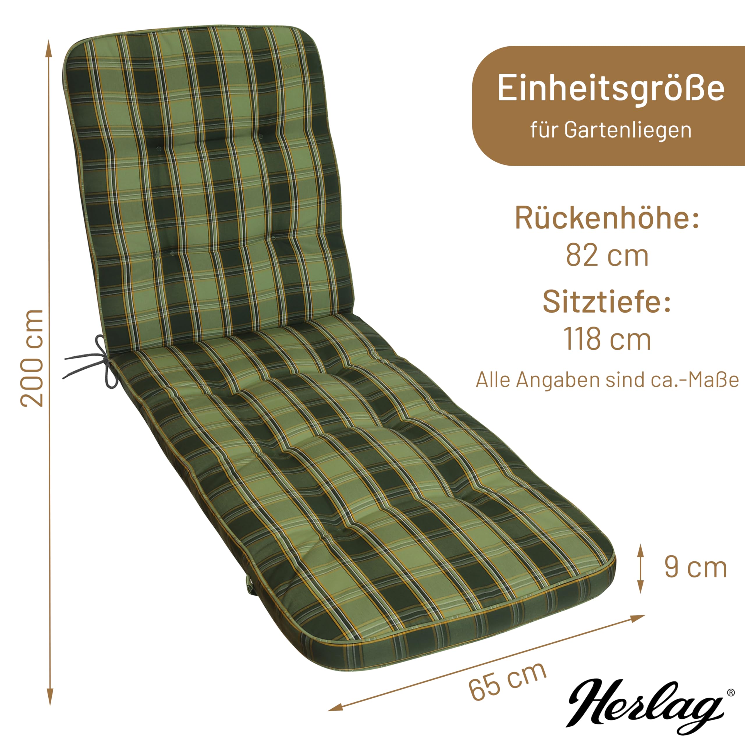 Herlag Liegenauflage Tilly 200x65x9cm - Liegestuhl-Auflage Karo-Motiv 9cm - Liegepolster für Gartenliege - Gartenmöbelauflage Liege Deluxe-Serie - Atmungsaktiv - Öko Tex 100 - Grün-Kariert