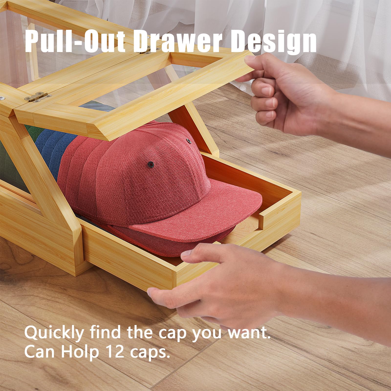 Lingusta Wooden Hat Organizer – Clear Acrylic Display Case Holds 12 Caps, Flip-Top & Drawer - View #2