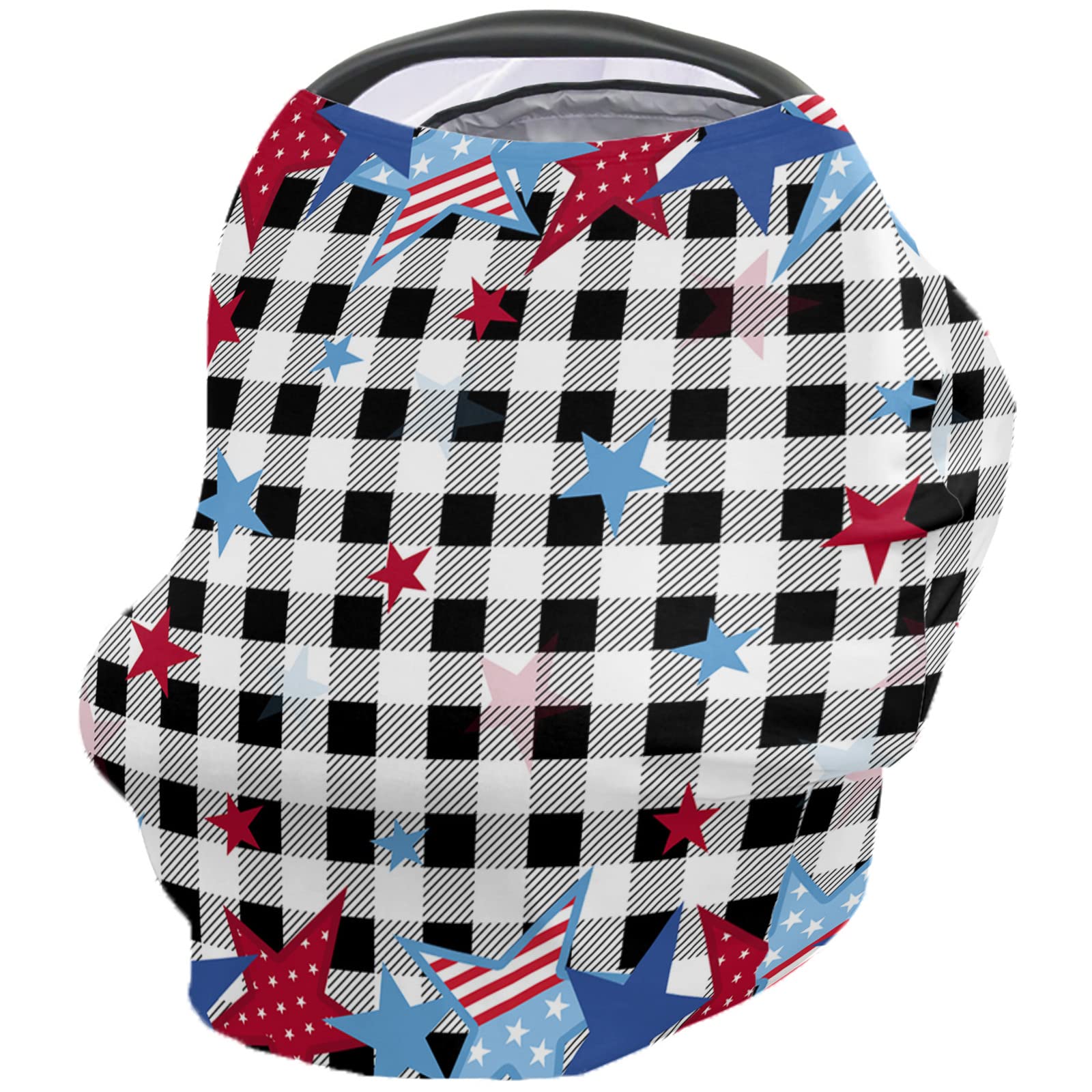 Nursing Cover for Breastfeeding Scarf, Red and Blue Pentagram Black and White Plaid July 4th Baby Car Covers Super Soft Multi Use for Canopy Shopping Cart Cover Blanket Stroller Cover