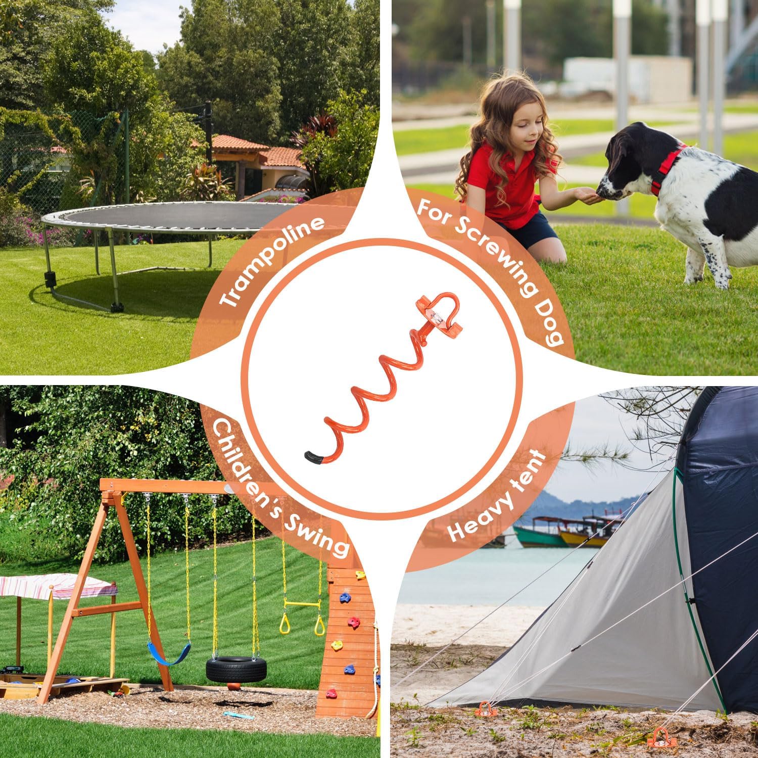 MIXXIDEA 11.4 Inch Gound Anchors Screw in, Metal Spiral Earth Anchors Kit, Heavy Duty Folding Ring Spiral Dog Tie Out Stake, Ground Stakes for Tent Trampolines, Garden Fence, Sheds, Swings (Orange)