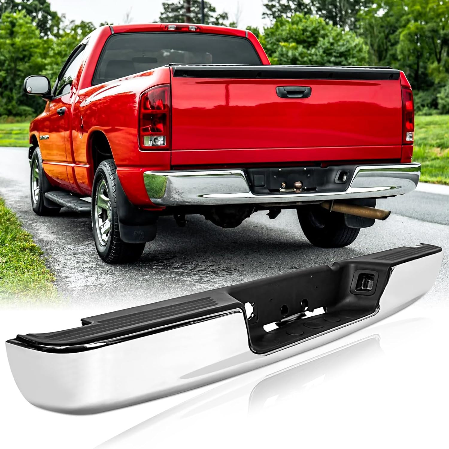 Steel Rear Step Bumper Assembly Compatible with 2002-2008 Dodge Ram 1500, 2003-2009 Dodge Ram 2500 3500, Chrome Back Bumper Replacement for CH1103108