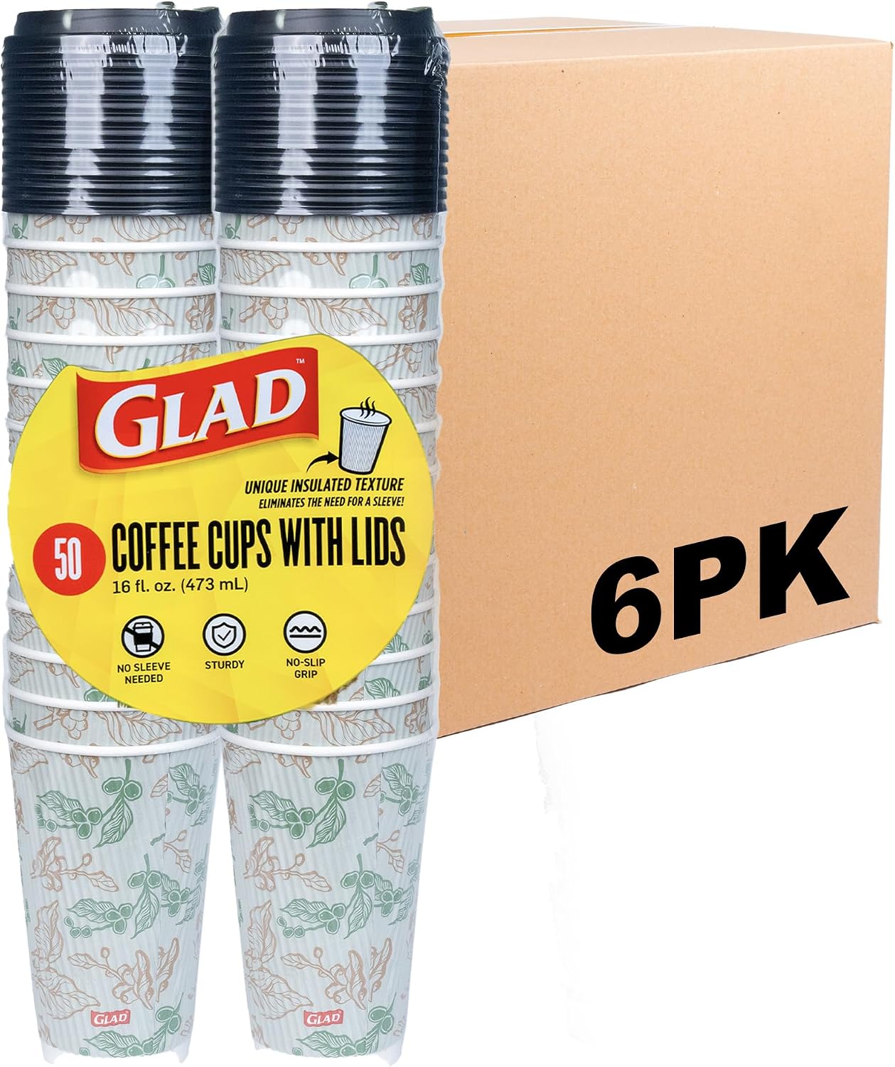 Glad Disposable Coffee Cups with Lids, 12 Oz Insulated Paper Hot Cups, No Sleeve Needed, Textured Non-Slip Grip, Fits Most Single-Serve Brewers, Java Mocha Print, 50 Cups and 50 Lids - 6 Pack