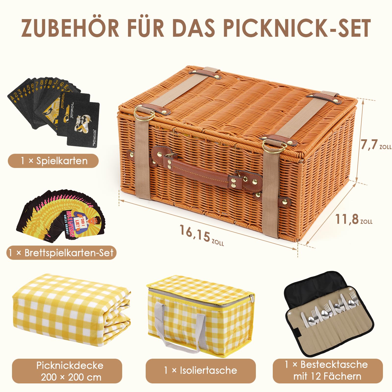 DEWEL Picknickkorb Set mit Picknickdecke 200 × 200 cm, separater Kühltasche, Bestecktasche und 2 Kartenspielen, großer Picknickkorb für Familie, Camping, Strand und Ausflüge, Gelb