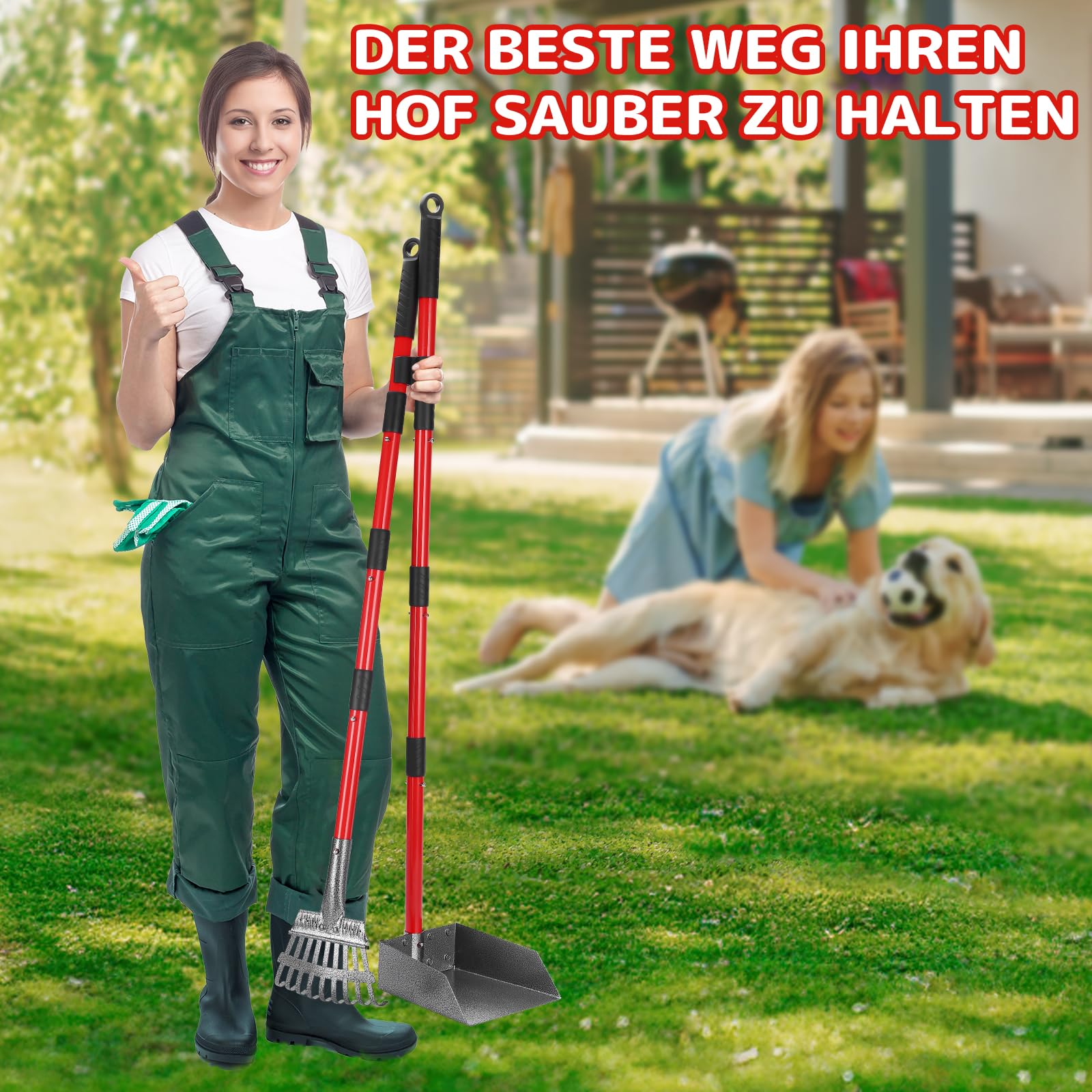 Hundekotschaufel, Hundekotsammler Aus Edelstahl Für Große, Mittelgroße Und Kleine Hunde, Abnehmbares Metallrechen Und Tablett Für Garten, Gras, Erde Oder Kies - Rot