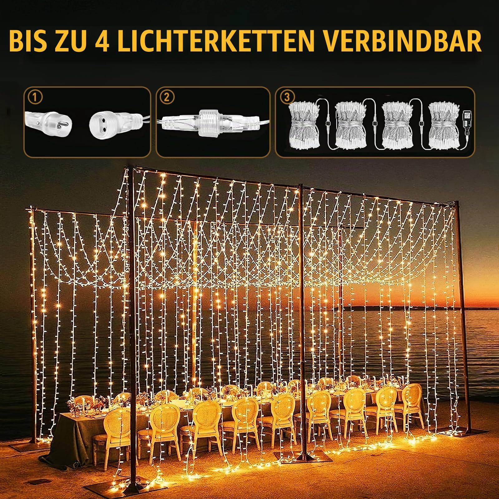 GlobaLink Lichtervorhang Warmweiß 6m x 3m, 600 LEDs mit Stecker | IP44 wasserdicht LED Lichtervorhang erweiterbar für Zimmer, Hochzeit, Fenster und Weihnachten, Innen- und Außengebrauch