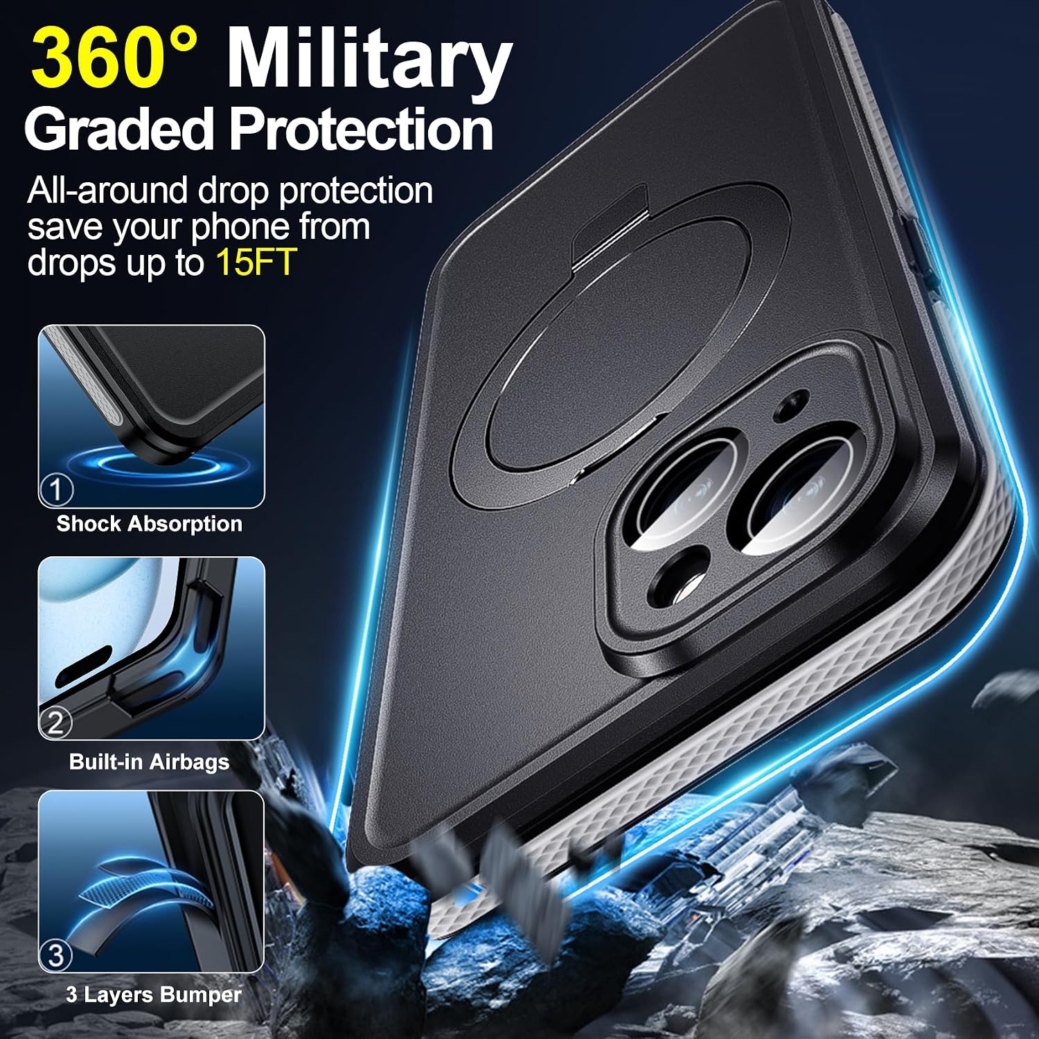Hualele for iPhone 15 Waterproof Case Ultra Magnetic with Stand, Built-in Screen & Lens Protector [IP68 Underwater][Military Dropproof] [Compatible with MagSafe] Kickstand Case-Grey