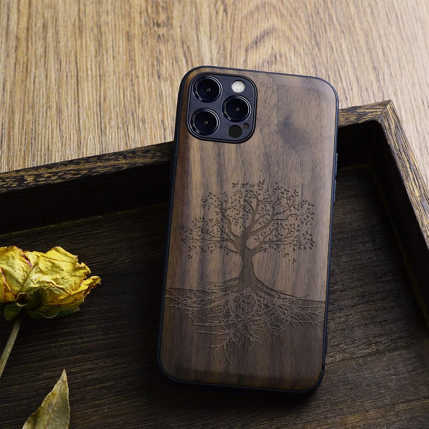 Carveit Magnetic Wood Case for iPhone 12 Pro Max Case [Hard Real Wood & Black Soft TPU] Shockproof Protective Unique & Classy Wooden Cover Compatible with MagSafe (Tree with Roots) - Walnut