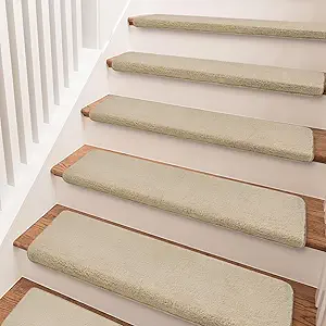 PURE ERA Carpet Stair Treads Ultra Plush 9.5" X 30"Soft Bullnose Indoor Stair Protectors Pet-Friendly Non-Slip Skid Resistant Tape Free Washable Reusable(14 Pieces,Beige)