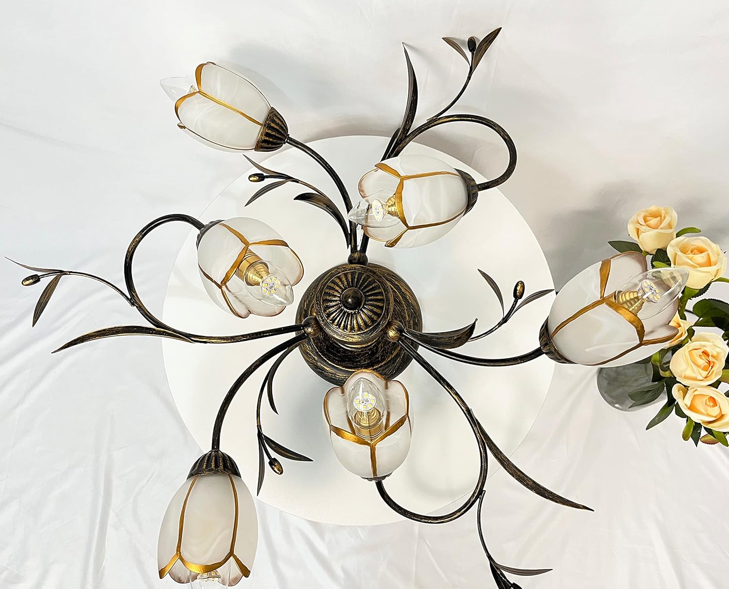 Flower Semi Flush Mount Ceiling Light, Rustic Ceiling Fixture with Frosted Glass Shade, Sputnik Chandelier for Living Room, Dining Room (10 Lights)