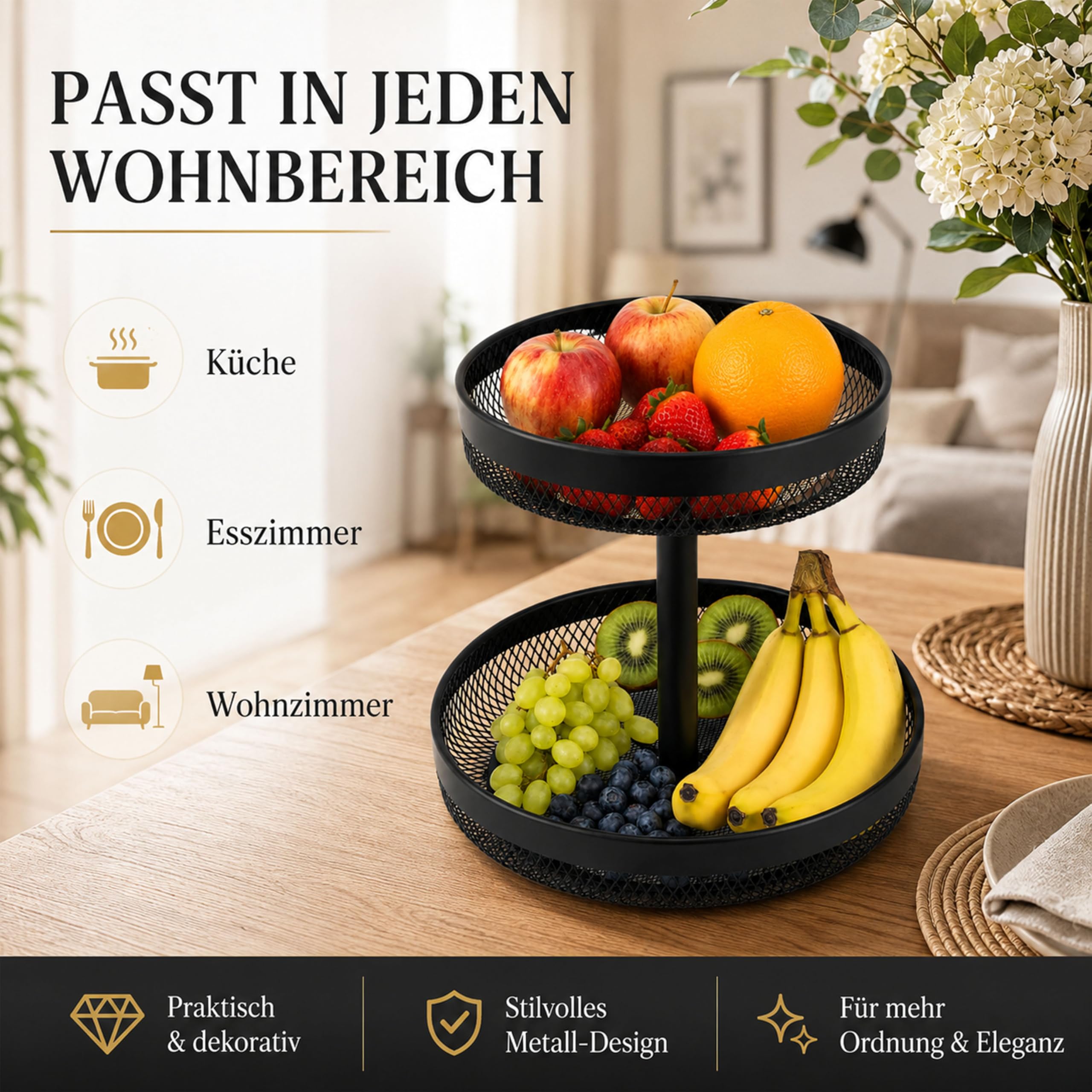 URMONA 2-stöckiger Obstkorb, runde Obstschale aus Metall für Küche, Schwarz | Platzsparender Brotkorb und Snack Organizer für Obst, Gemüse und Gebäck auf Arbeitsplatte, Esstisch oder im Wohnzimmer