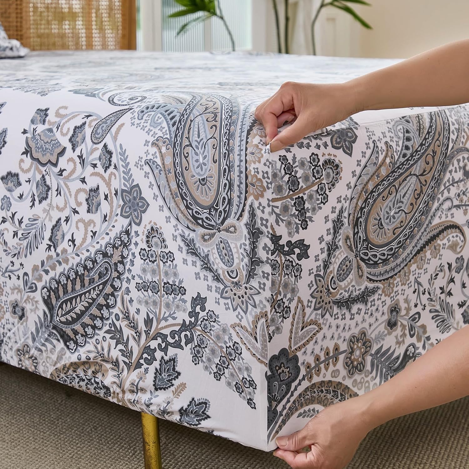 100% Cotton Sheet Set Queen Size – 4-Piece Luxury Grey Paisley Bedding Set, Extra Soft Breathable Percale Weave, Deep Pocket Fitted Sheet 17.5", Crisp Cool Feel Bed Sheet