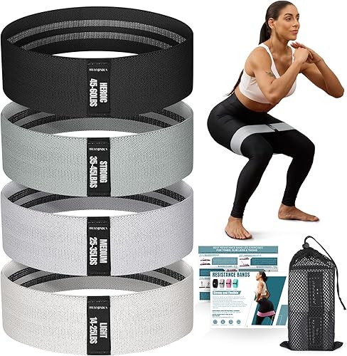 Miniatura 1 de Bandas de resistencia para entrenar con guía, 4 bandas de entrenamiento para mujeres y hombres, bandas de ejercicio de tela para piernas, cadera,