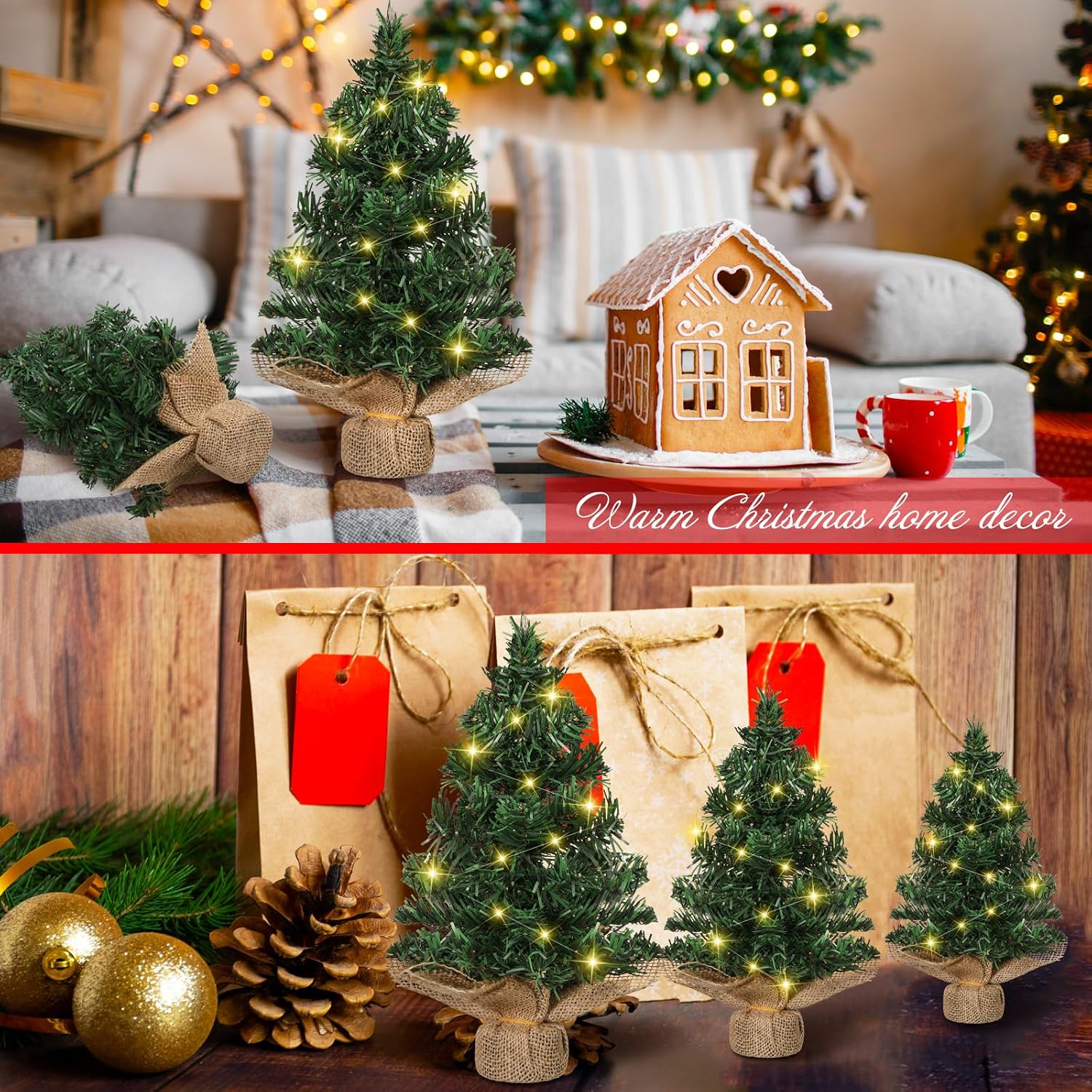 Shappy 3 Pcs Mini Christmas Tree with Light Pre Lit Xmas Artificial Tabletop Tree LED Miniature Christmas Tree with Linen Base for Indoor Home Kitchen Dining Table Holiday Decorations, Assorted Sizes