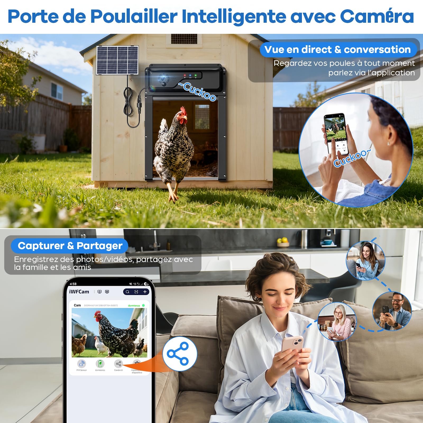 Porte Poulailler Automatique avec Caméra WiFi et Application, Porte à Enroulement Gain de Place pour Poulailler, Recharge Solaire, Contrôle à Distance, Minuterie, Anti-pincement