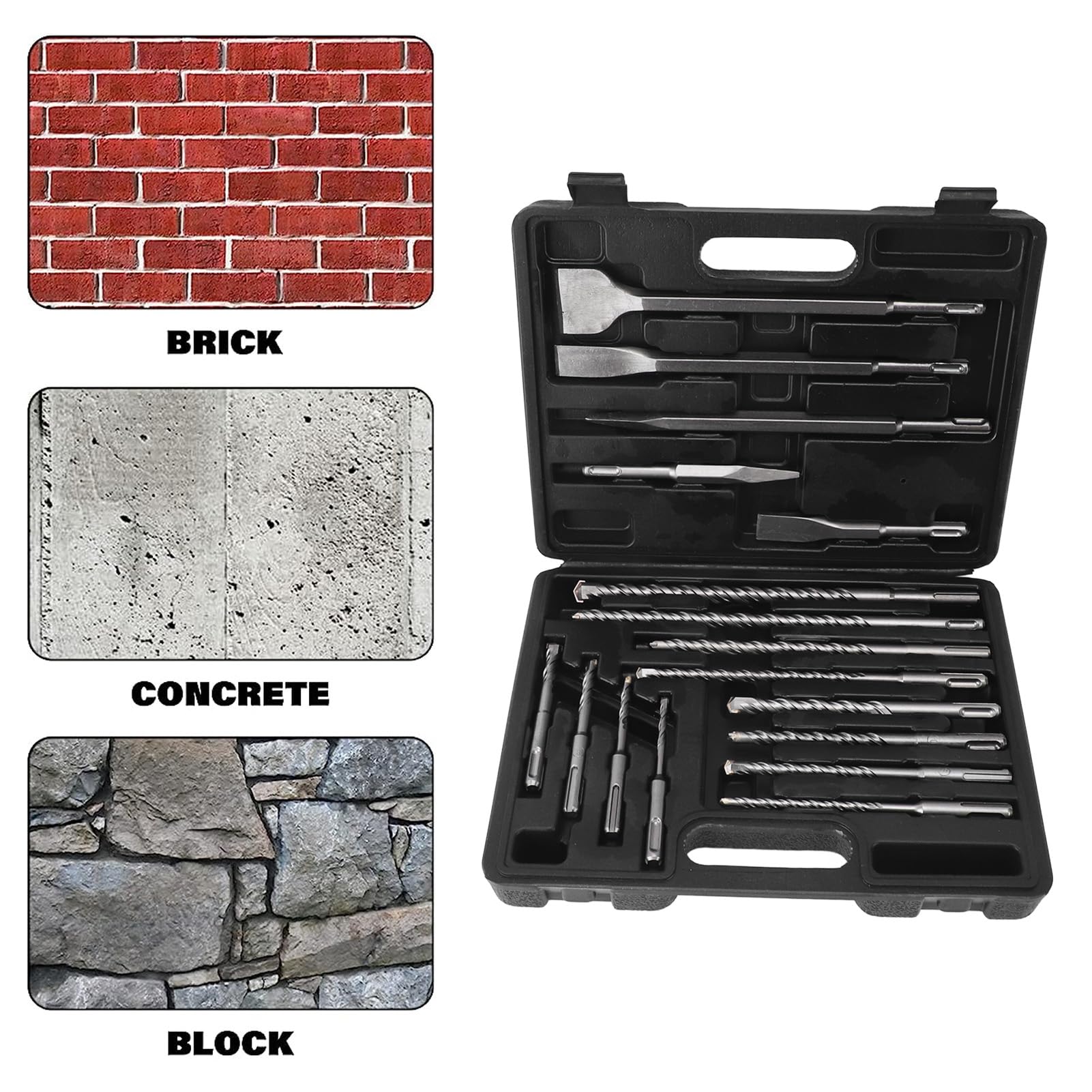 Luocute Juego de Brocas de Cincel y Taladro Percutor de 17 Piezas | Piezas de martillo perforador eléctrico con caja de plástico con redondo para romper paredes de azulejos de hormigón