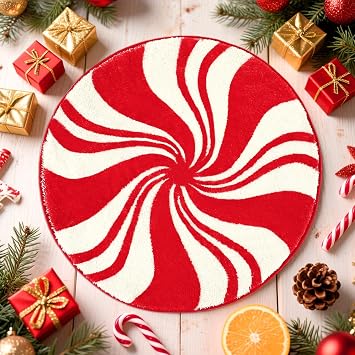 FEBSNOW Christmas Bathroom Rug 22 Inch Candy Bath Mat | Non Slip, Red and White, Round Shape, Bathroom Kitchen Bedroom Front Door, Christmas Winter Holiday Home Decor