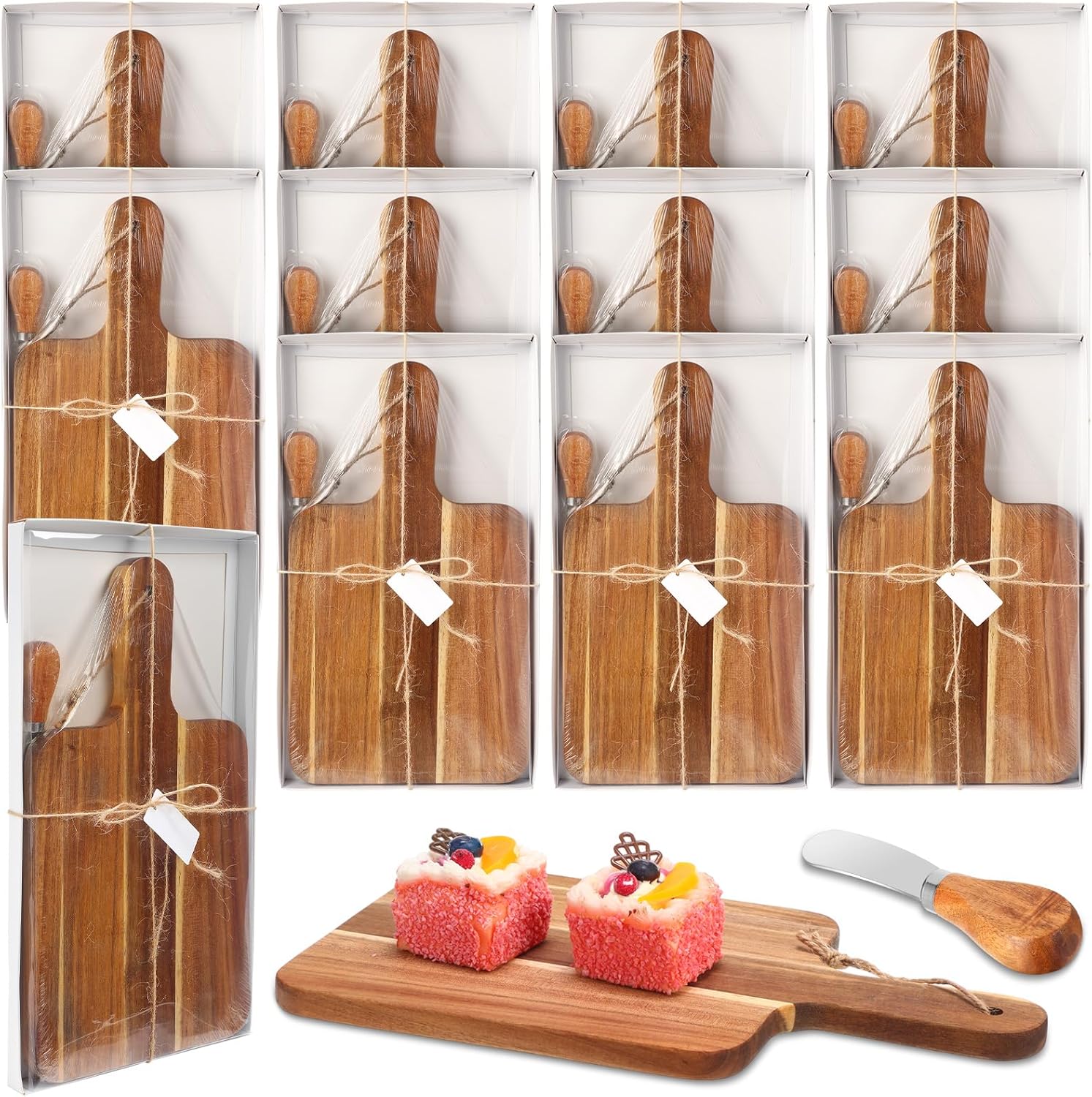 Geetery 12 Set Charcuterie Boards Bulk Acacia Wood Mini Cutting Board Gift Set with Knives, Gift Box, Card Small Cheese Serving Tray Board for Bridal Baby Shower Wedding Housewarming Favors(12 Inch)