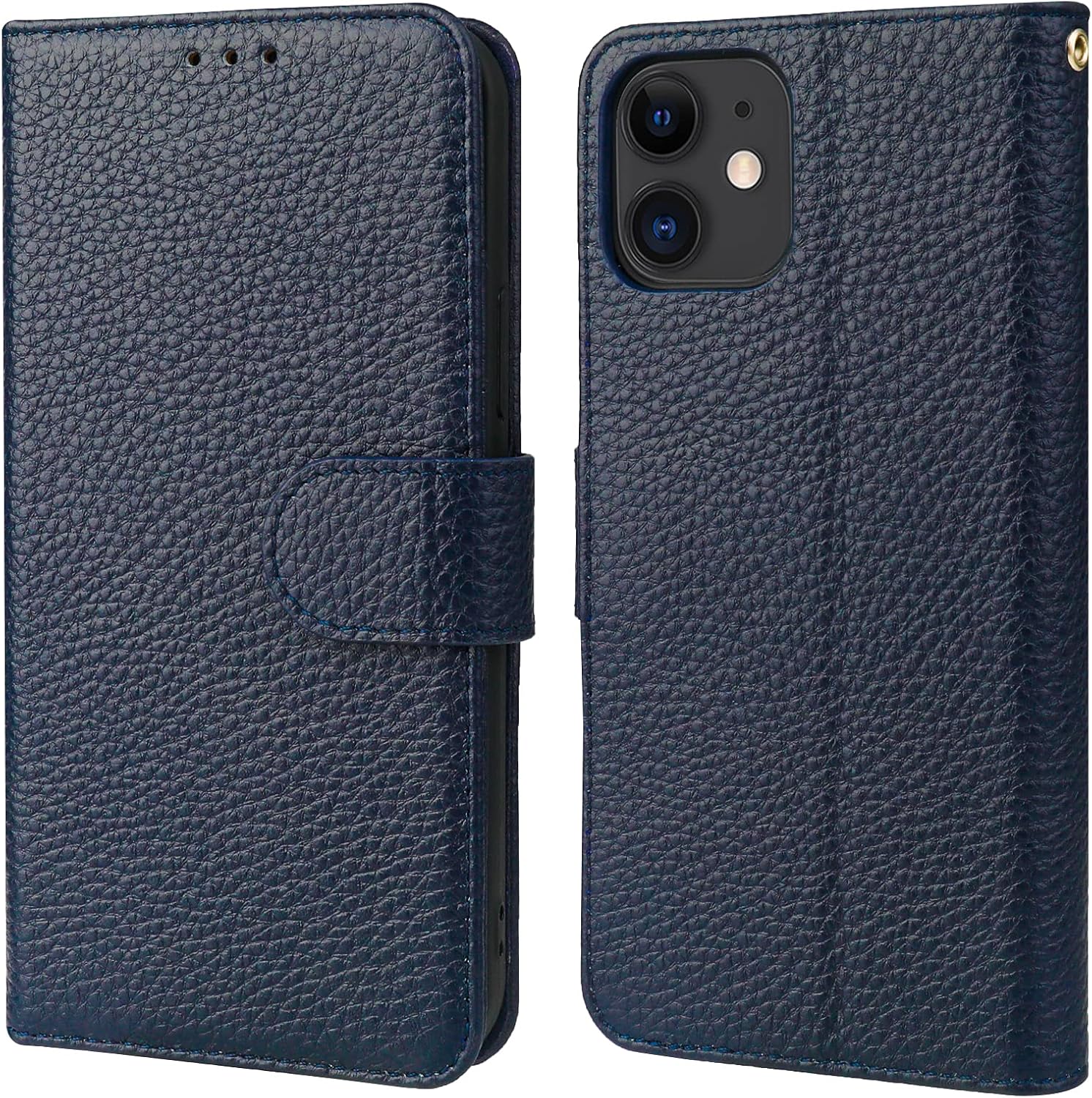 Bocasal Genuine Leather Wallet Case for iPhone 11 Wireless Charge RFID Blocking Credit Card Holder Kickstand Folio Flip Protective Cover with Wrist Strap Magnetic Clasp 6.1 Inch (Dark Blue)