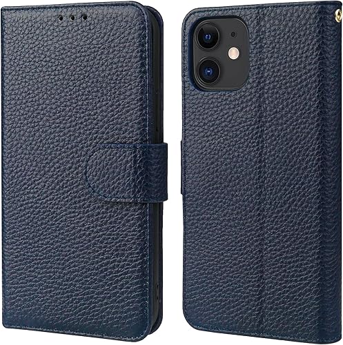 Bocasal Funda de piel auténtica tipo cartera para iPhone 11, carga inalámbrica, bloqueo RFID, soporte para tarjetas de crédito, función atril, funda