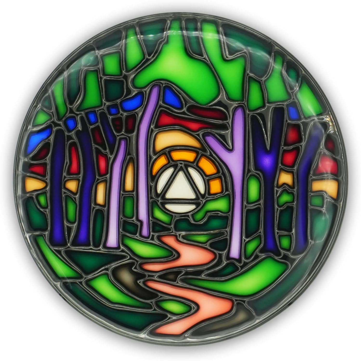 Stained Glass AA Coin, Scenic Journey Alcoholics Anonymous Addiction Recovery Sobriety Chip Medallion, Inspirational Sober Gifts for Men and Women by the Token Shop (Winding Path of Recovery Forest)