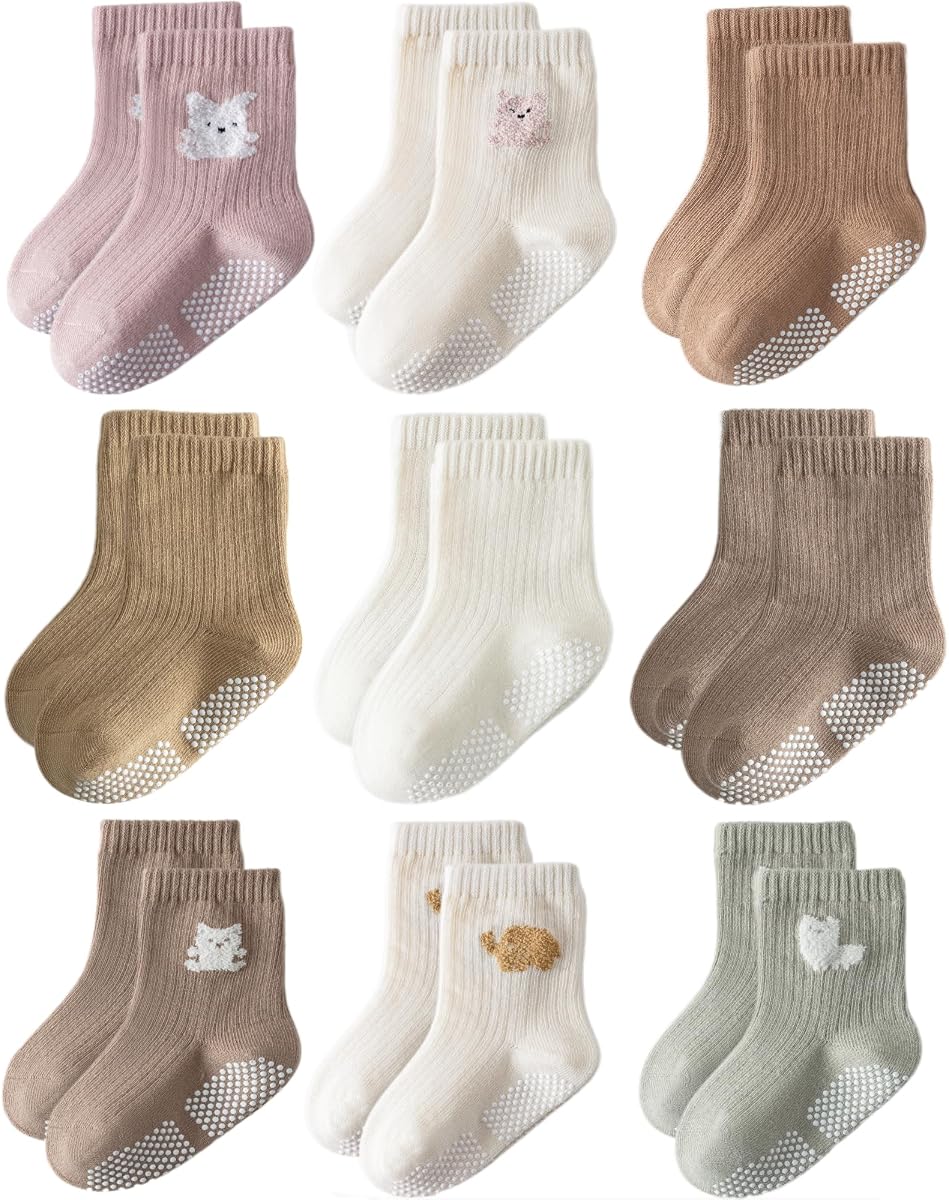 Toddler Grip Socks Non Slip Crew Socks Socks for Baby Boys Girls | Cute Seamless Cotton Socks 9 Pairs