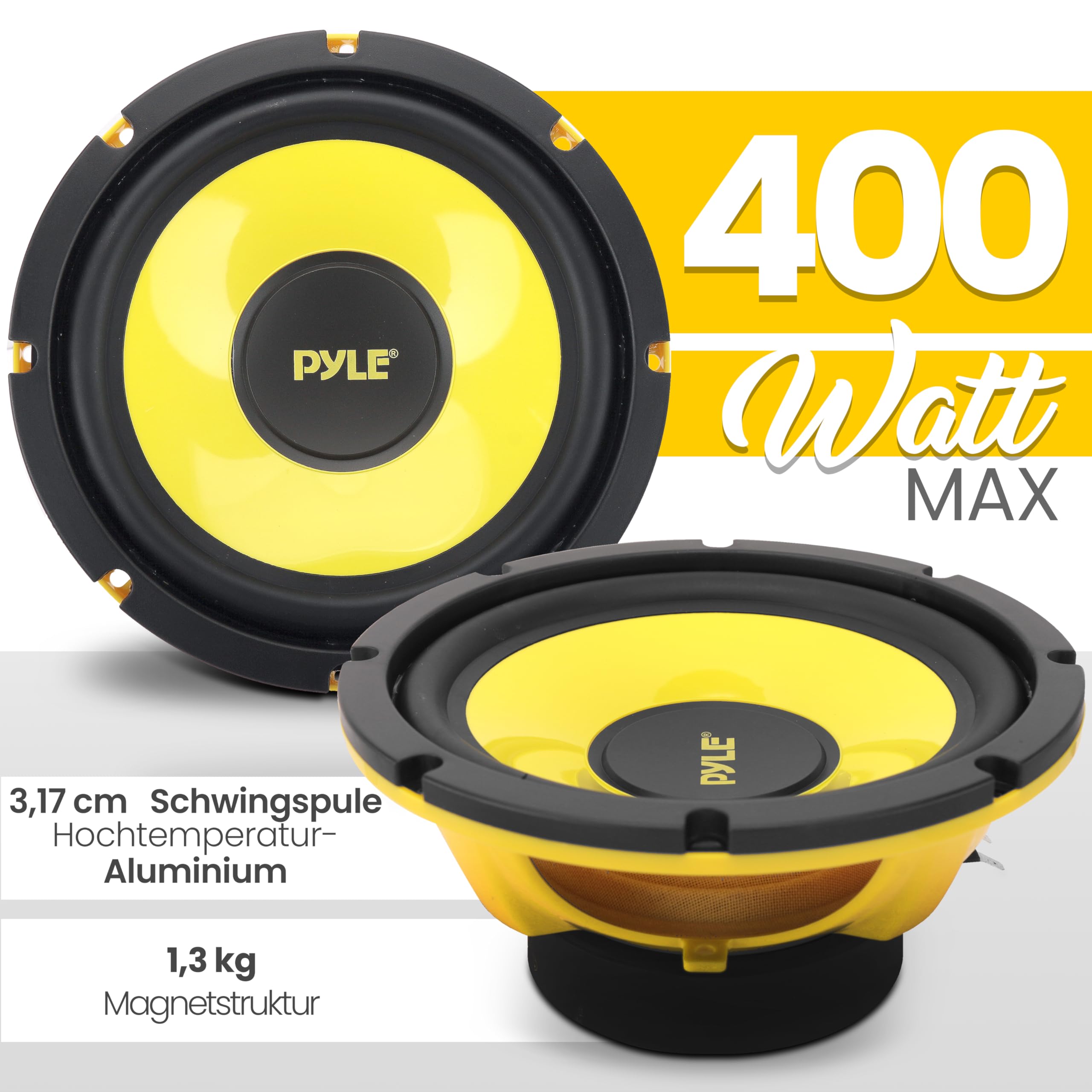Pyle 8" (203 mm) Lautsprecher – 400W 4 Ohm Auto Subwoofer Komponent Bass Woofer – Klarer Sound, Gelber Poly-Konus, Midbass Upgrade für Auto-Musikanlage, Einfache Montage