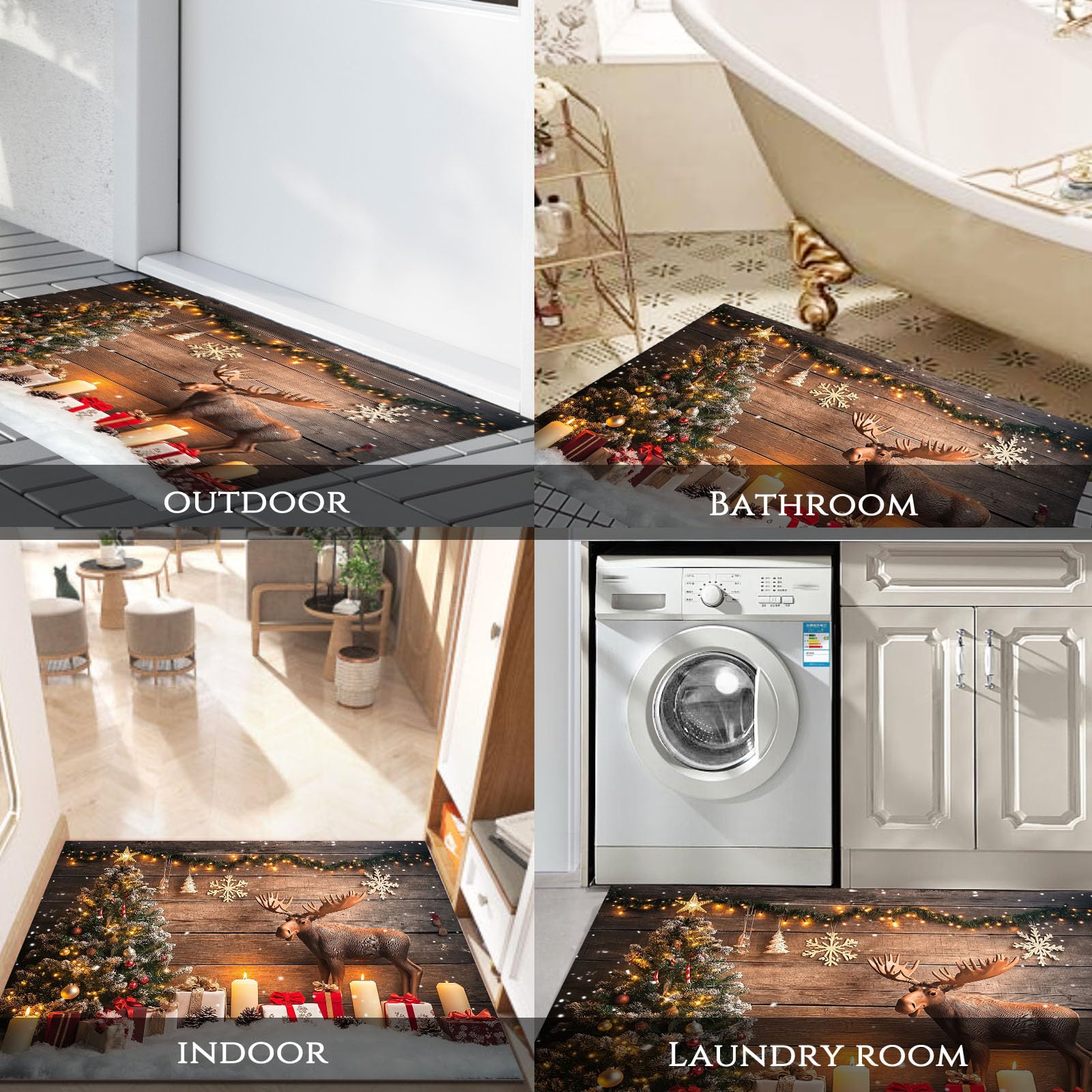 Felpudo Navidad Fondo, 80x120cm Alfombra Puerta Árbol De Navidad Renos, Alfombra Navidad Antideslizante para Cocina Pasillo Salón, Felpudo Entrada Casa Decoración