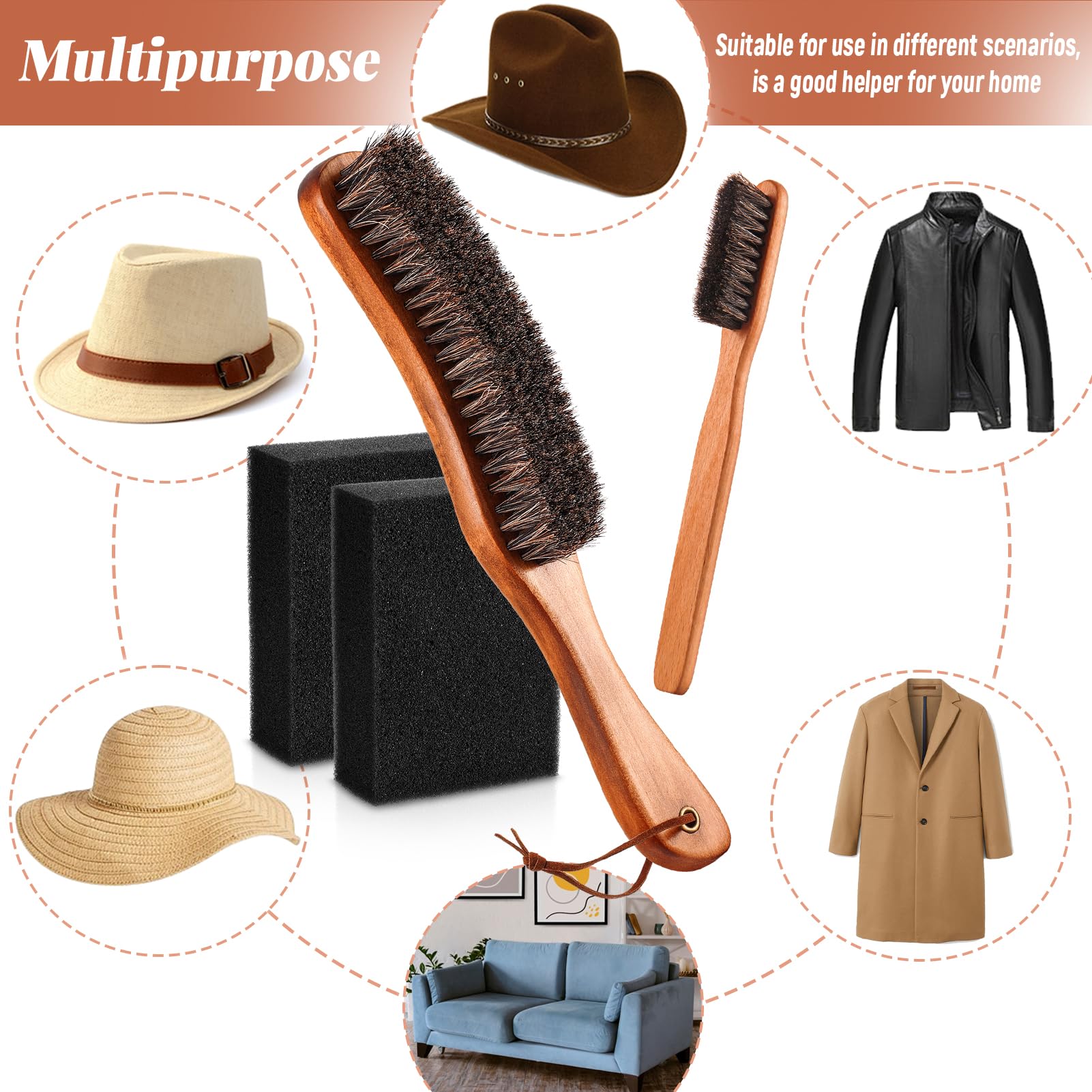 Kit de 4 cepillos de fieltro de crin de caballo con esponja de limpieza, sombrero de vaquero, sombrero de madera, juego de limpieza de sombrero de fieltro, cepillo para quitar el polvo para el