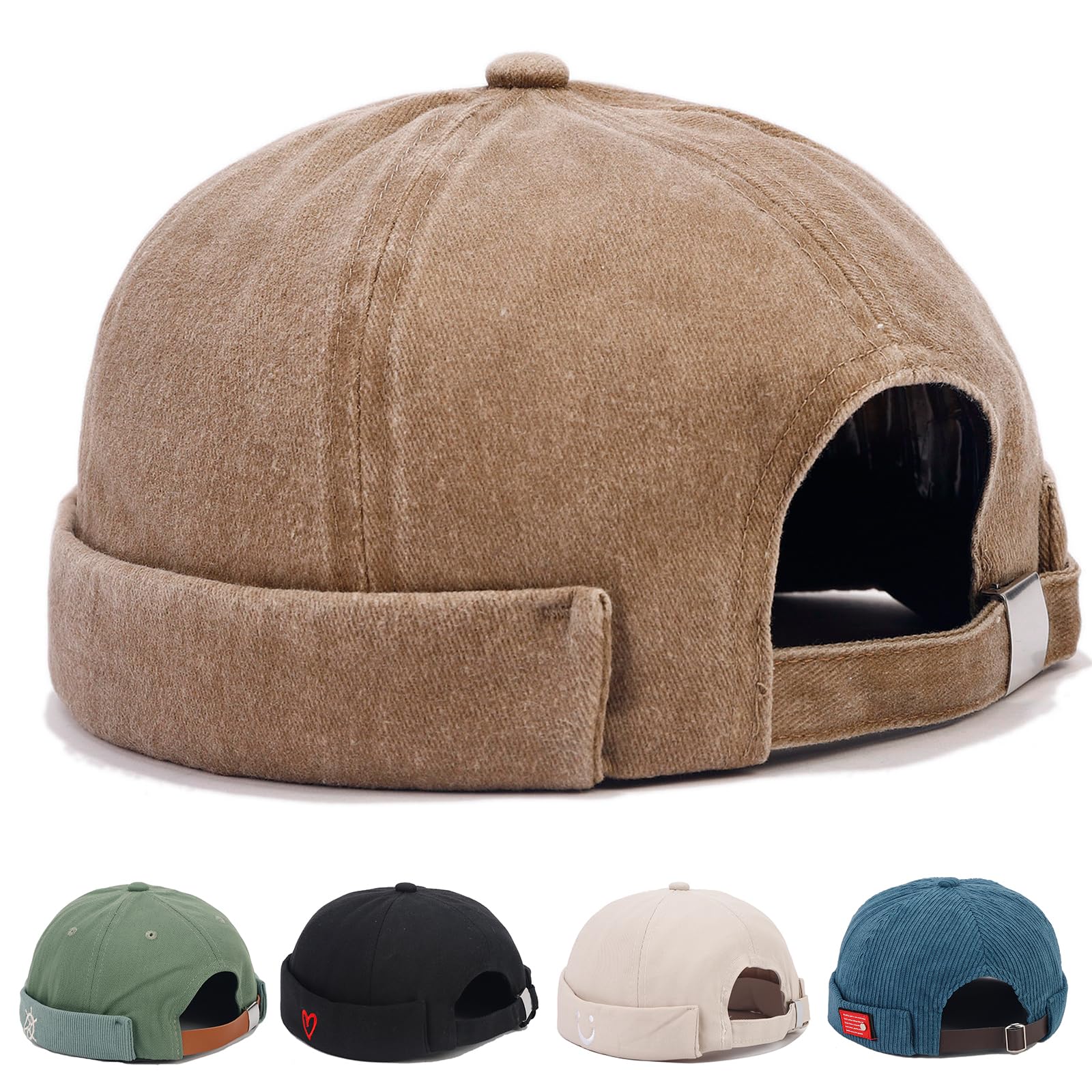 Henmud Mens Docker Cap Brimless Hats Skull Cap Sailor Caps Adjustable Rolled Cuff Retro Womens Beanie Hat