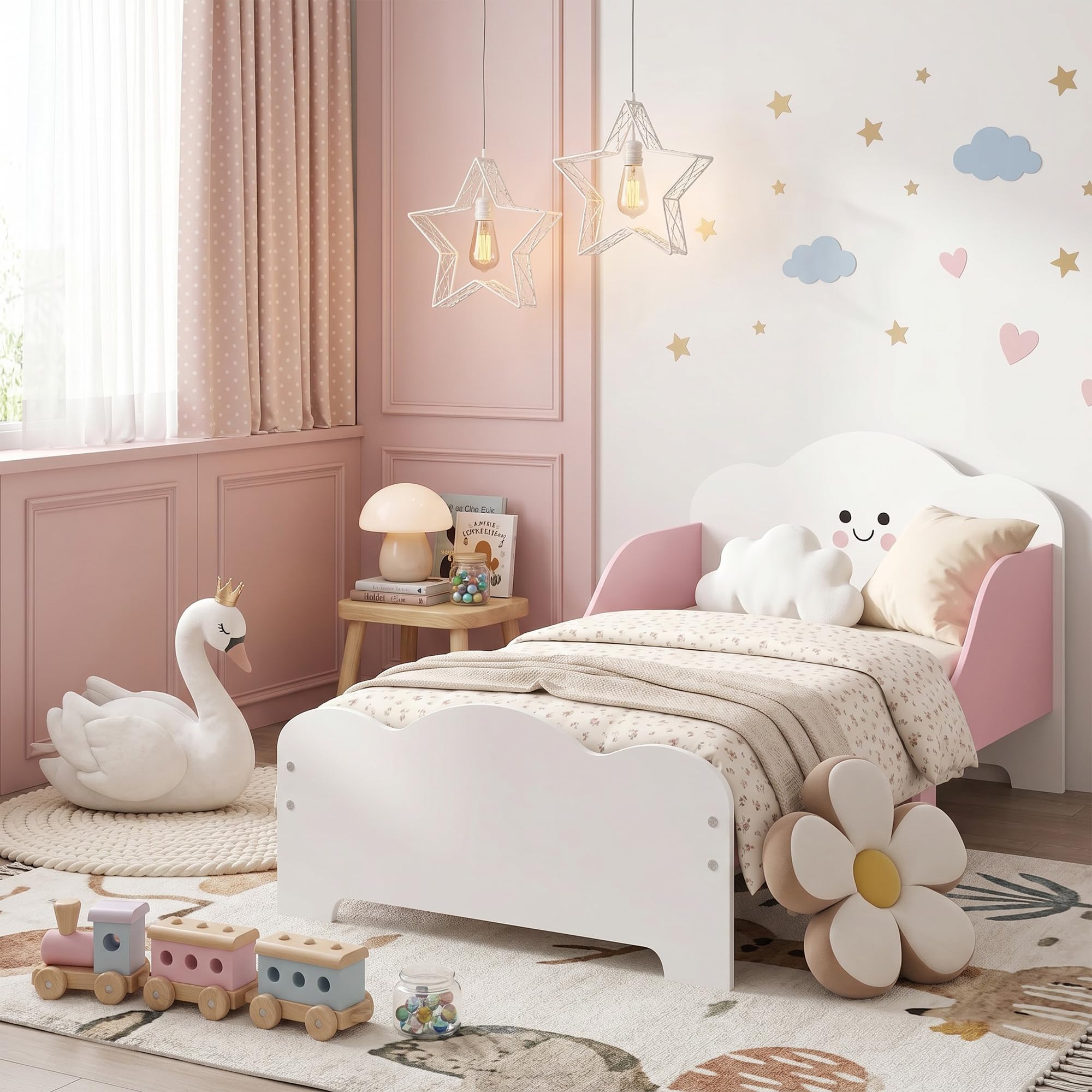 AIYAPLAY Lit Enfant 70 x 140 cm avec Barriere de Securite pour 3-6 Ans Rose | Lit pour Enfant, Sommier à Lattes en Bois, pour Garçons et Filles, Matelas Non Inclus