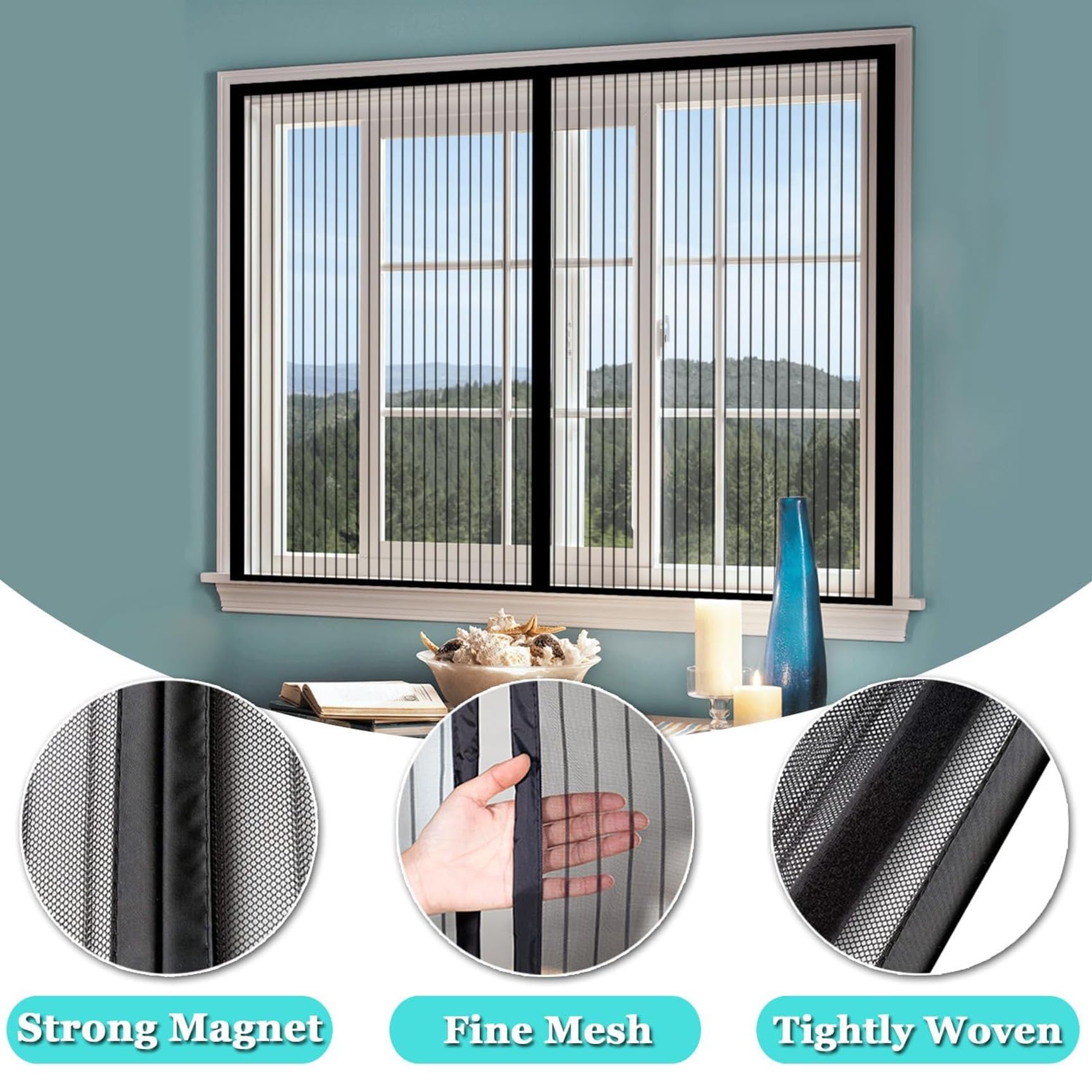 Fliegengitter Balkontür 100 x 110 cm Ohne Bohren mit Starken Magneten Selbstschließend, Kratzfest, Stärkere Magneten Fliegengitter Magnet Fenster für Alle Türen Und Fenster, Schwarz