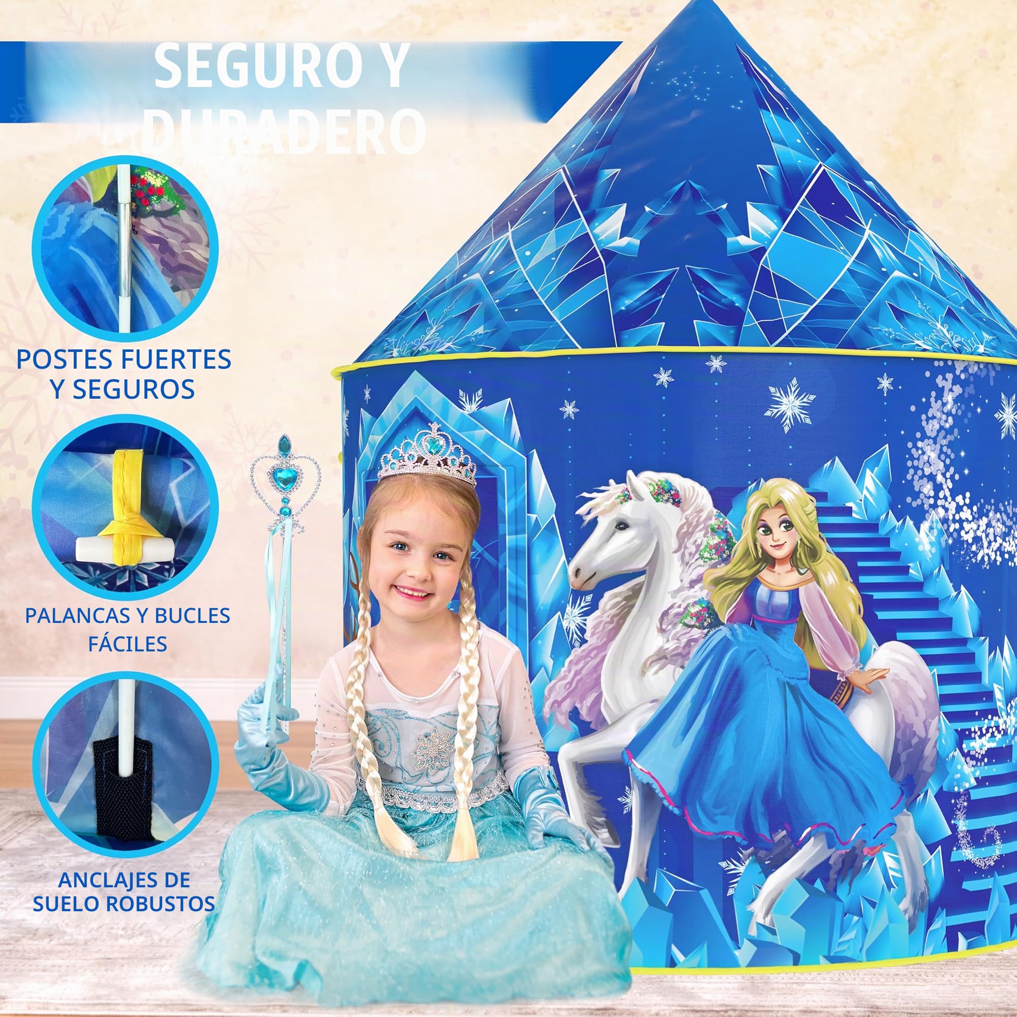 W&O Tienda de princesa Frozen para niñas con botón de sonido mágico, luces LED, corona y varita, campaña con juguetes congelados