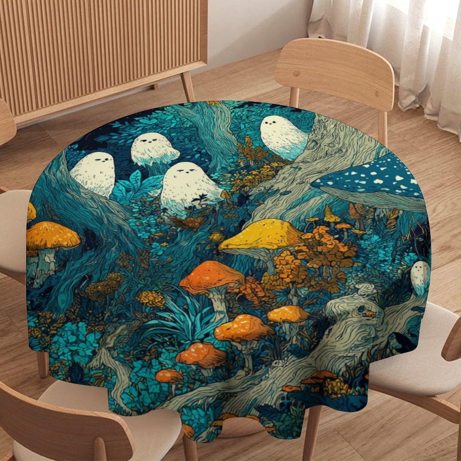 LUYYSKY Vintage Rustic Cute Ghost Waterproof Round Tablecloth Modern Art Halloween Mushroom Forest Ghost Pattern Washable Table Cover for Kitchen-127 Wx127 L cm