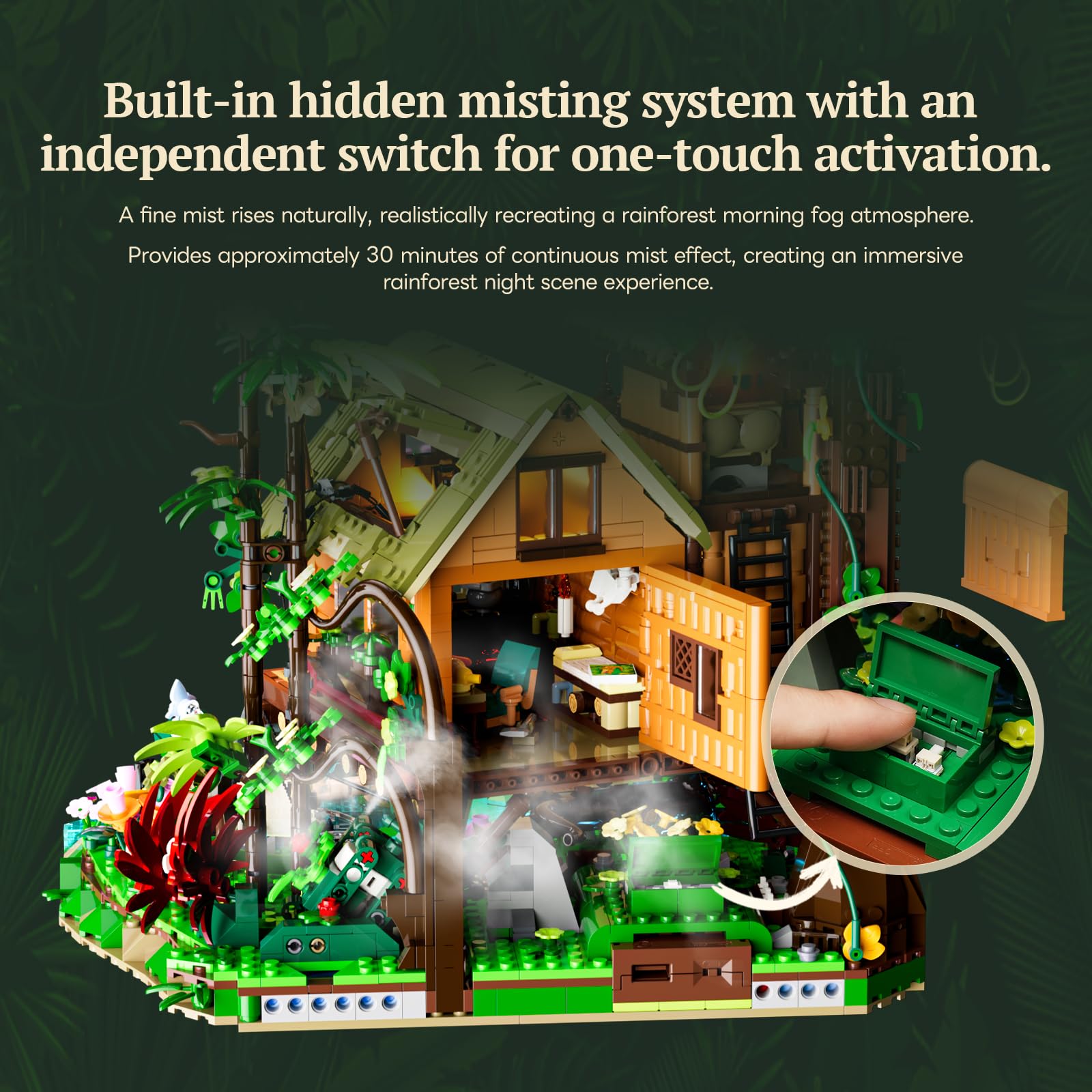 Lumibricks Misty Forest Cabin beleuchtetes Klemmbaustein-Set, 2867 Teile, Tropische Regenwald-Pfahlhütte mit verstecktem Nebelmodul und Glühwürmchen-Beleuchtung, Ausstellungsmodell für Erwachsene