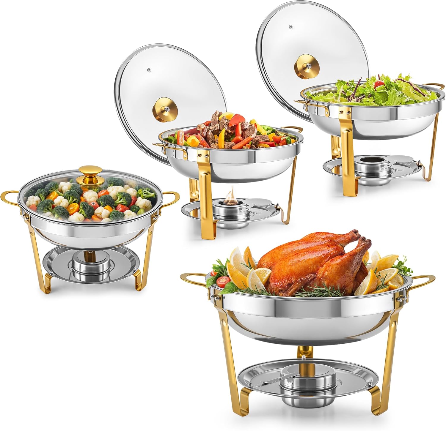 WILPREP Chafing Dishes for Buffet, 4 Pack 5 qt Round Chafing Dish Set with Glass Lids Holders Foldable Frames, Food Grade Stainless Steel Food Warmers for Parties Buffets Banquets, Gold & Silver 4 Packs 5 Quart-round Glass
