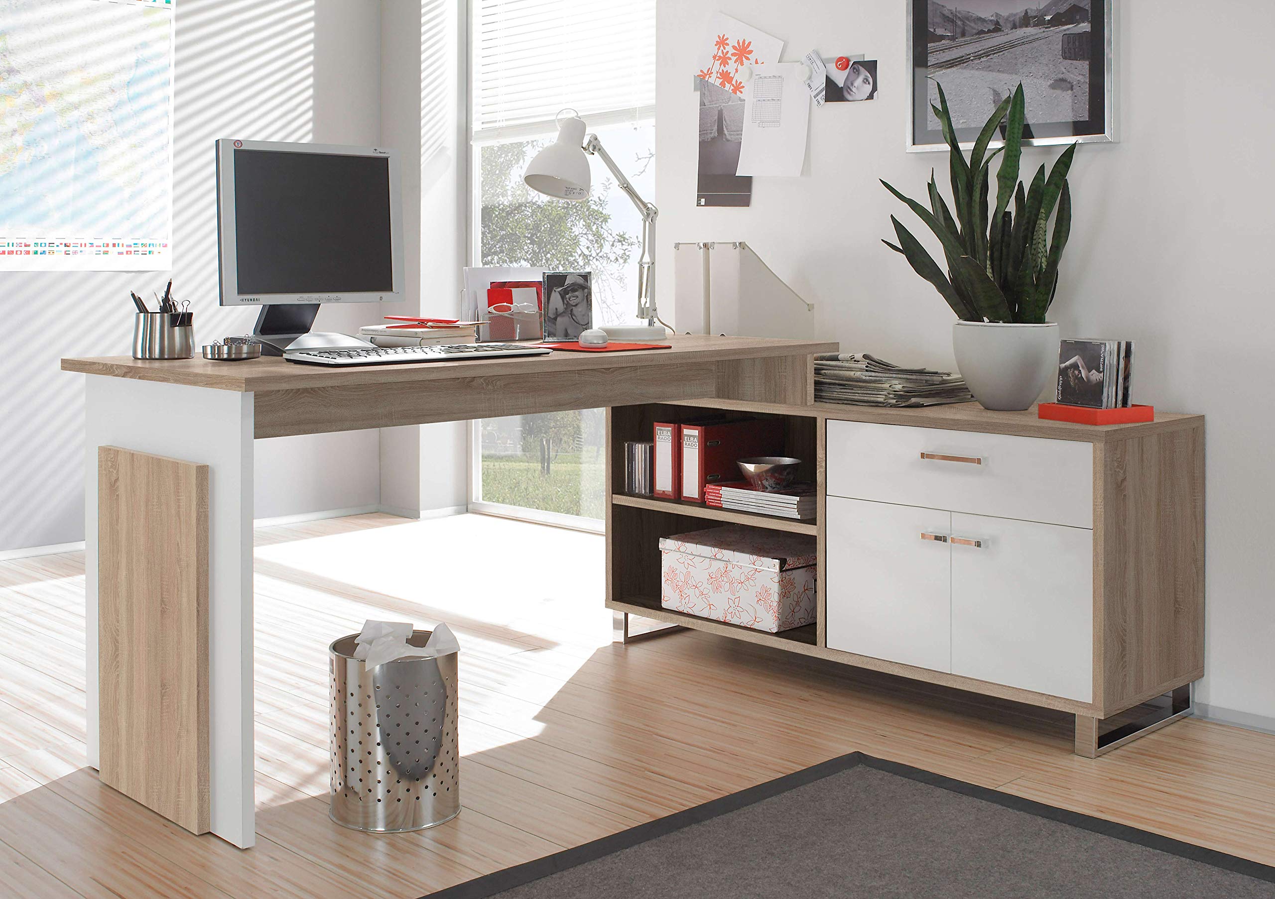 AVANTI TRENDSTORE - Malmo - Scrivania ad angolo in legno laminato con comó integrato, colore quercia Sonoma/bianco. Dimensioni LAP scrivania 140x76x65 cm, comó 130x62x40 cm