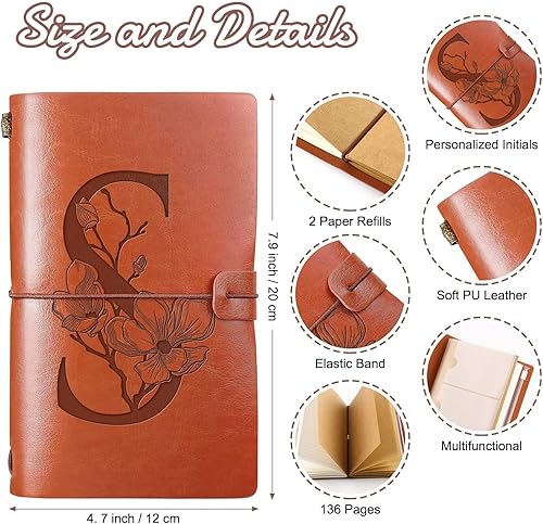 Miniatura 2 de Booson Diario de viaje de cuero con inicial, cuaderno con monograma, regalos rellenables, cuaderno de notas personalizado para mujer, cumpleaños,