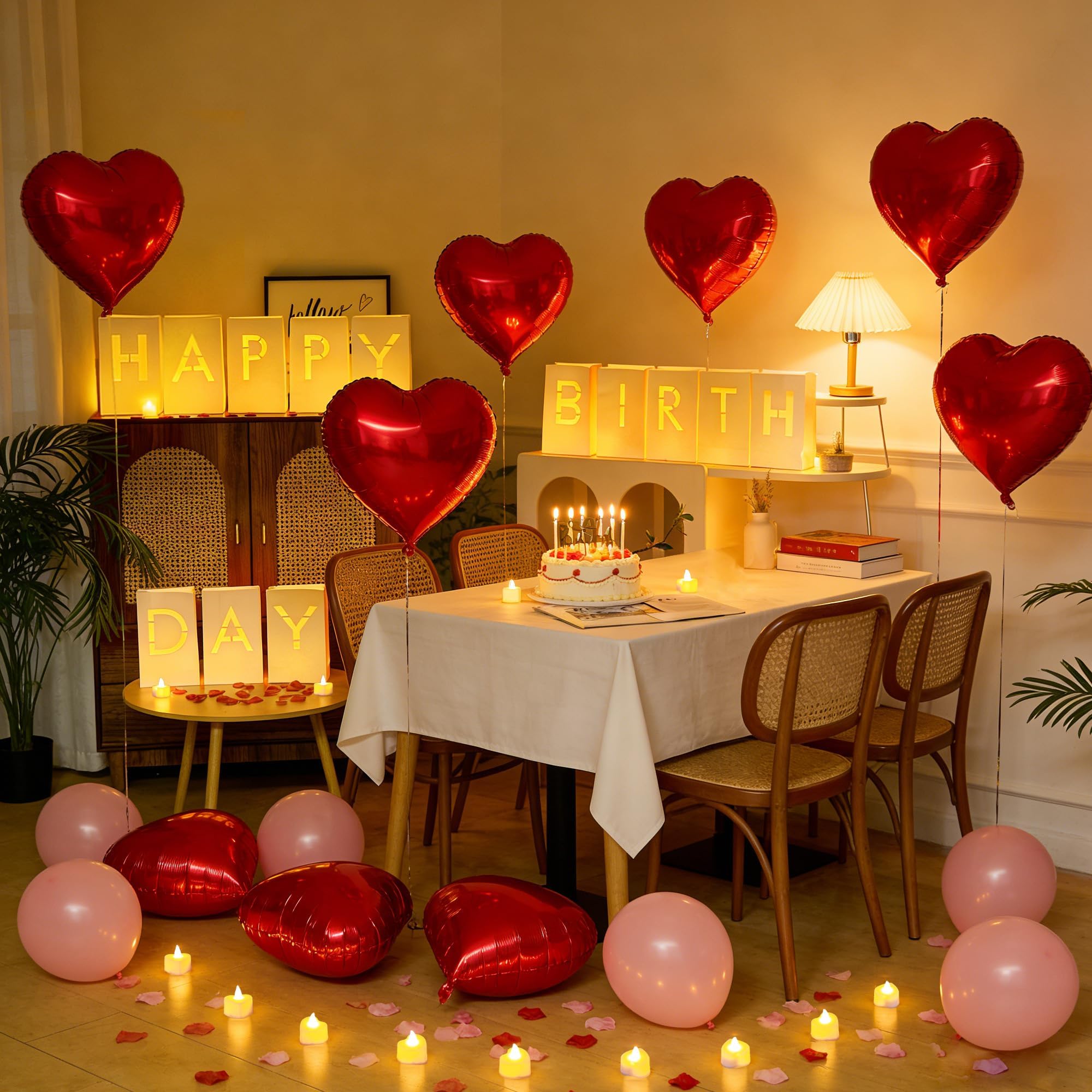 2073 piezas de decoraciones de feliz cumpleaños con letras iluminadas, velas de té, pétalos de rosa, globos de látex, globos de aluminio, bolsas luminosas, pancarta de fiesta, regalo sorpresa de
