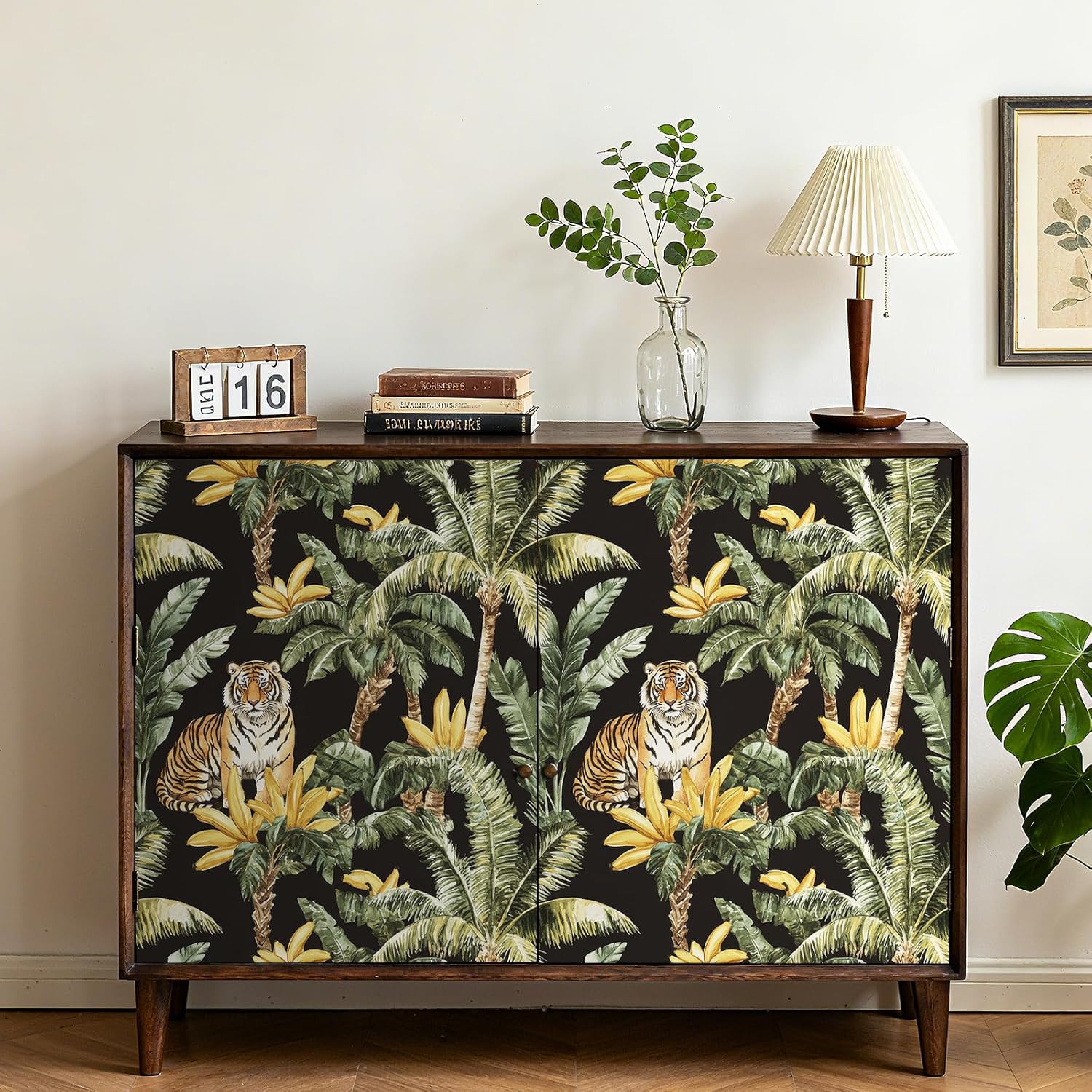 FunStick Dark Green Jungle Wallpaper Peel and Stick Removable Yellow Banana Palm Tree Leaf Tiger Black Tropical Wallpaper Self Adhesive Jungle Contact Paper for Bedroom Accent Wall Cabinets 17.5"x118"