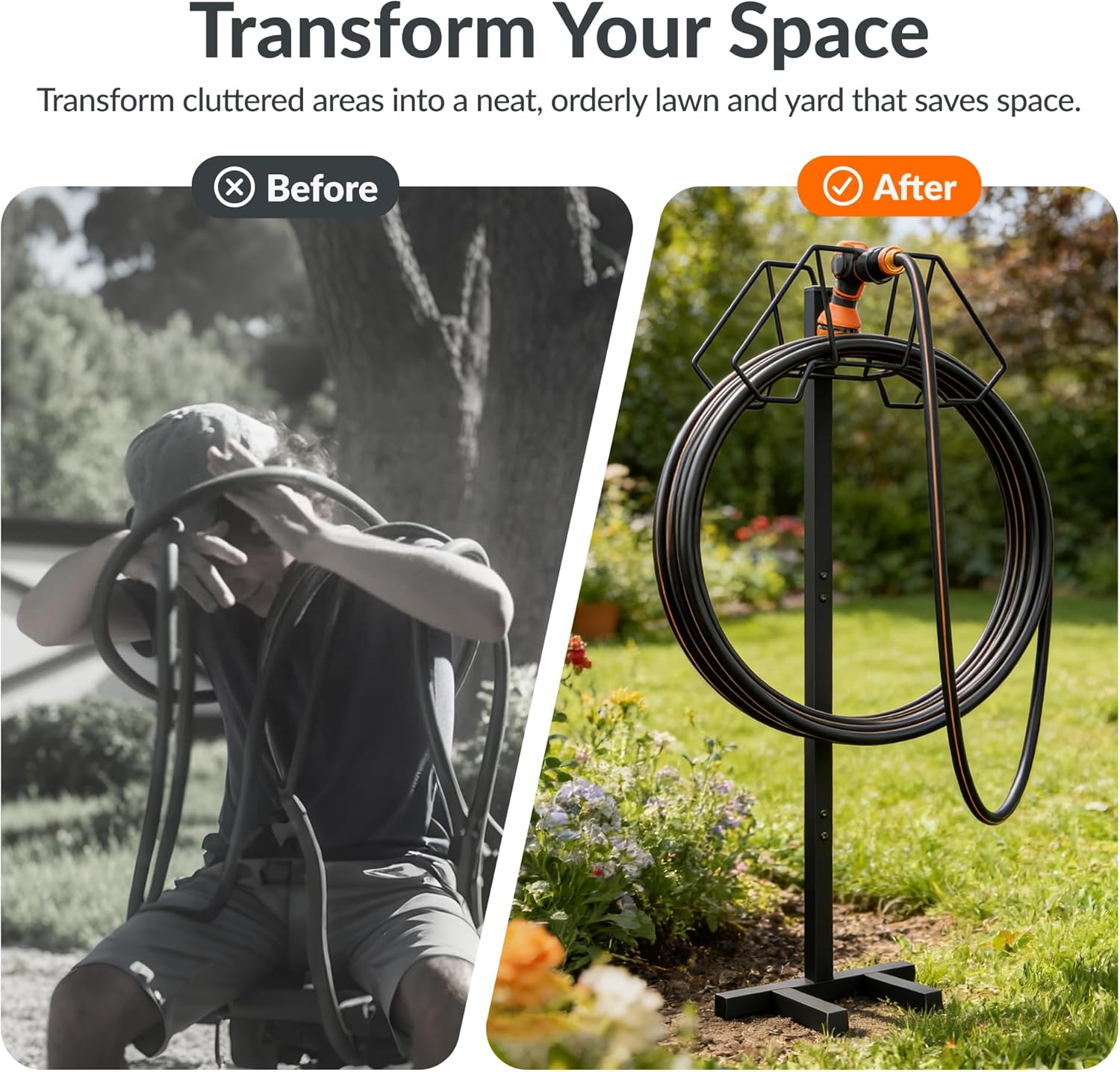 Giraffe Tools Garden Hose Holder- Heavy-Duty Freestanding Metal Stand, Holds 100FT Hose with 4 Spikes,Sturdy Hose Storage Stand for Outside Yard,Lawn,Garden,Black