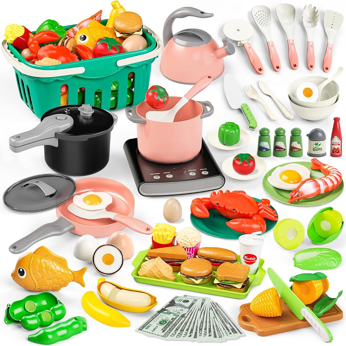 Juegos de comida de juguete para cocina infantil, accesorios de cocina de juego, 168 piezas | Juego de cocina para niños, ollas, sartenes, utensilios de cocina, cortar frutas y verduras divertidas, cesta de almacenamiento de compras