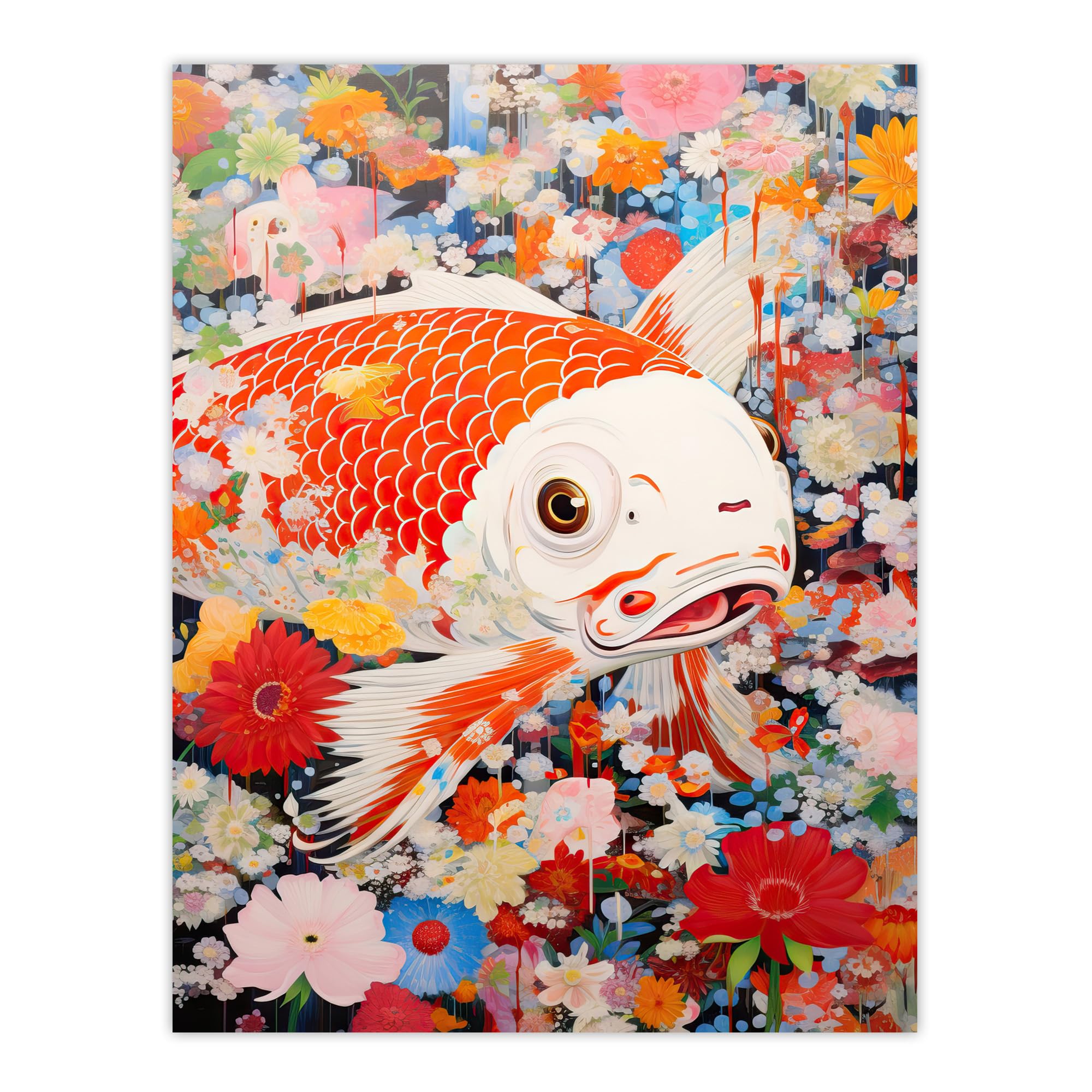 Artery8 A Fish Out Of Water Superflat Japanese Koi Carp Floral Modern Artwork Large Wall Art Poster Print Thick Paper 18X24 Inch