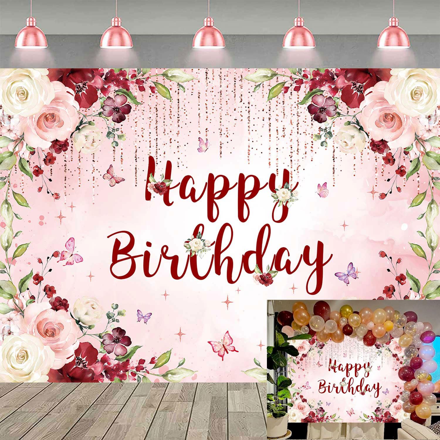 Floral Happy Birthday Backdrop Glitter Pink Rose Flower Photography Background for Women Girls Burgundy Floral Birthday Party Decorations Supplies