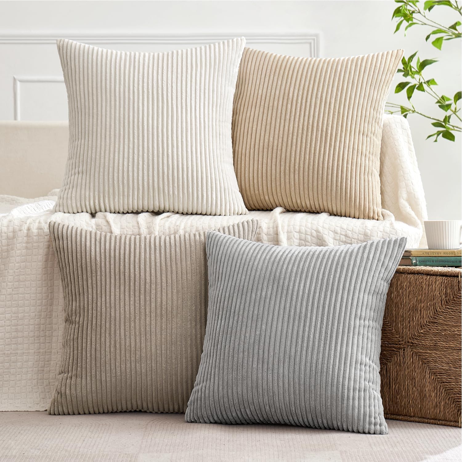 MIULEE Pack of 4 Feather and Down Pillow Inserts Bundle Pack of 4 Polyester Boho Farmhouse Pillow Covers Neutral Tan