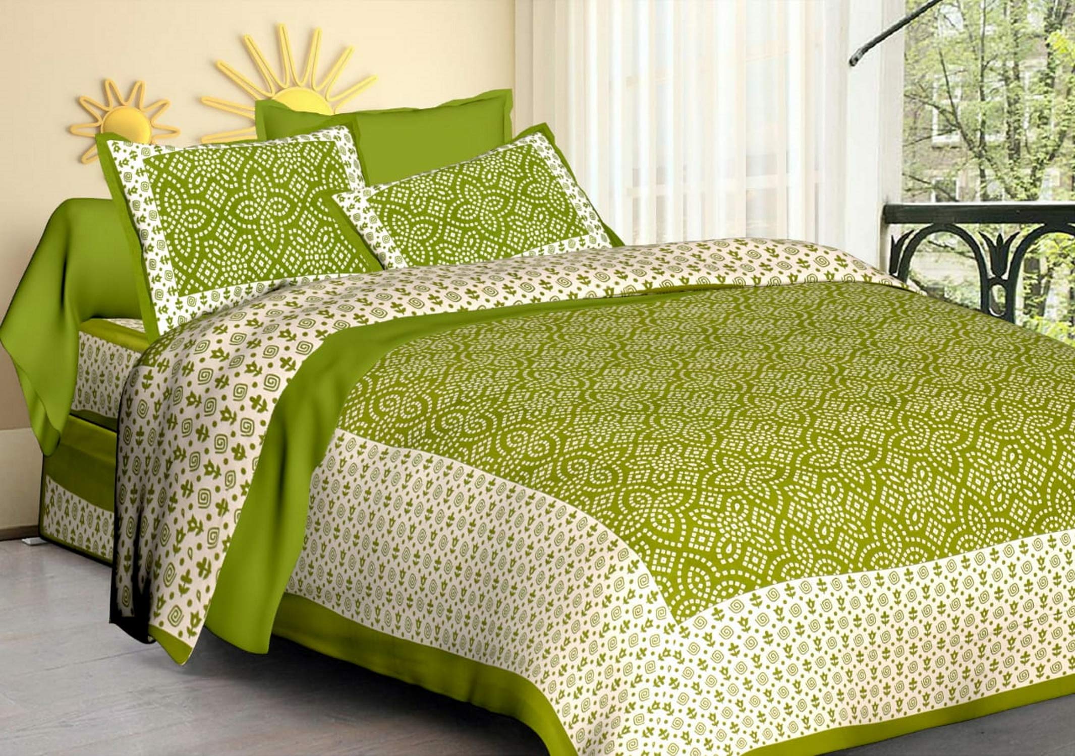 Couvre-lit Sanganeri Jaipuri 84 x 90 pouces en coton imprimé avec taies d'oreiller assorties
