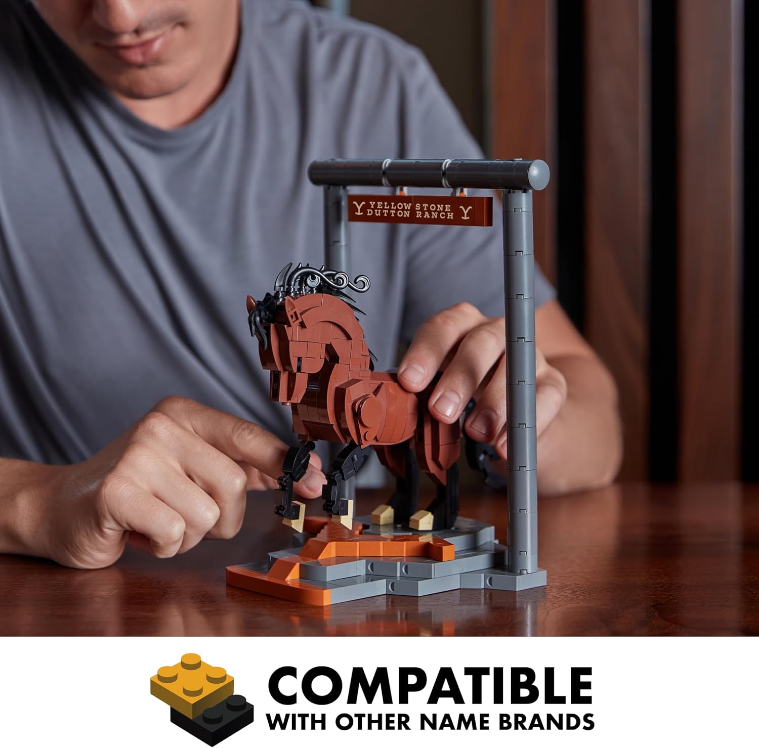 Brickcraft Officially Licensed Yellowstone TV Show Dutton Ranch Stallion Horse on a Horse Stable Stand 554 Pieces Multicolored Brick Building Set