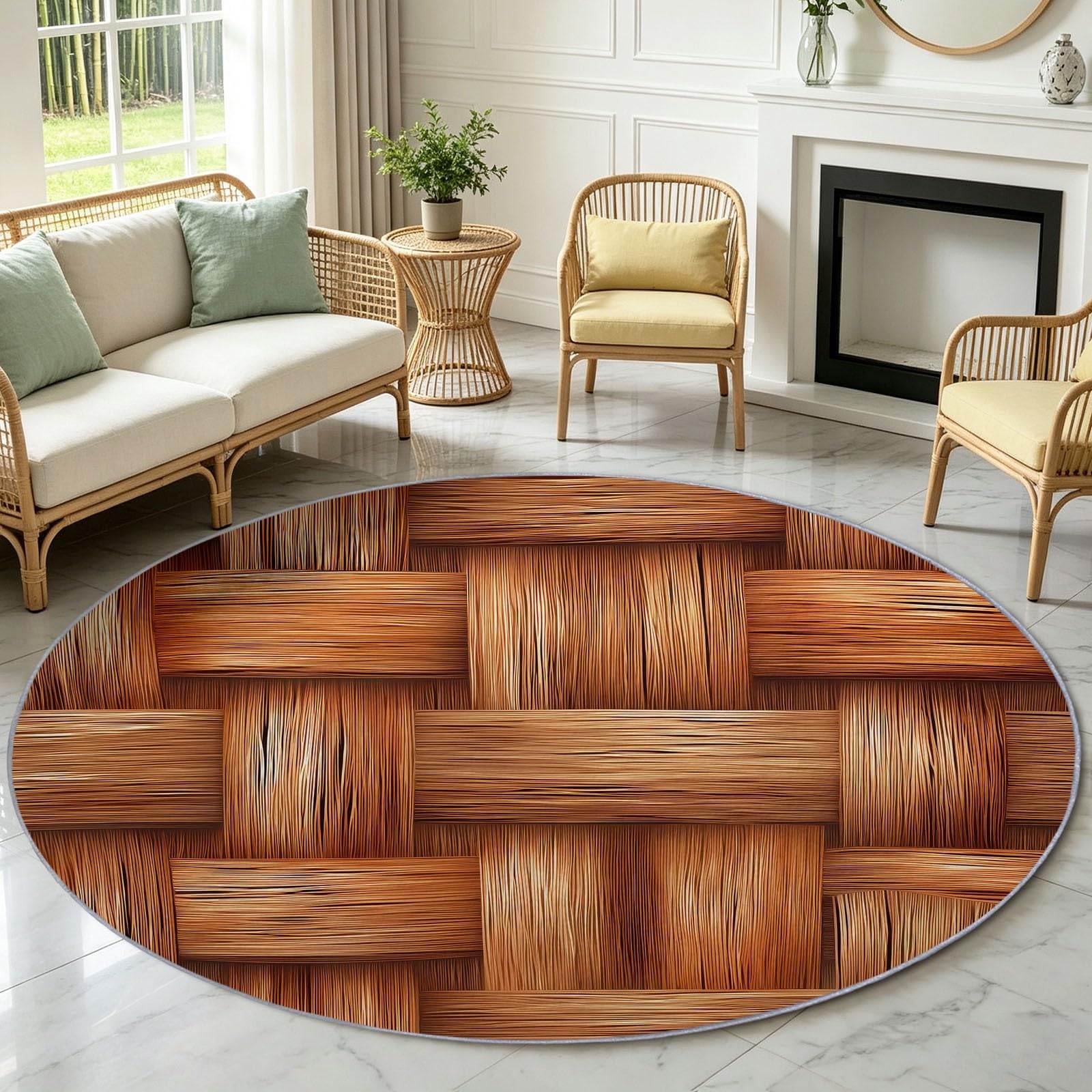 Tappeto rotondo lavabile, 200 cm, moderno, morbido, stampato, con venature del legno, a pelo corto, antiscivolo, per ingresso, soggiorno, camera da letto, accanto al divano e all'ufficio (marrone
