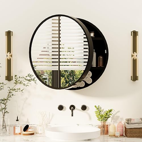Round Medicine Cabinet Mirror, Bathroom Mirror Wall Cabinet with Storage and Shelf, Surface Wall Mounted,Arched Cabinet Makeup Vanity Mirror for Bedroom, Black