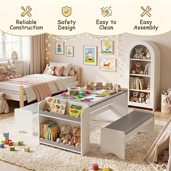 Kids Table and Bench Set, Montessori Kids Table and Chair Set, Indoor Wooden Toddler Activity Table with Bookshelves, 37X22 Desktop, Children Desk for Home, Classroom, Boys, Girls (Grey)